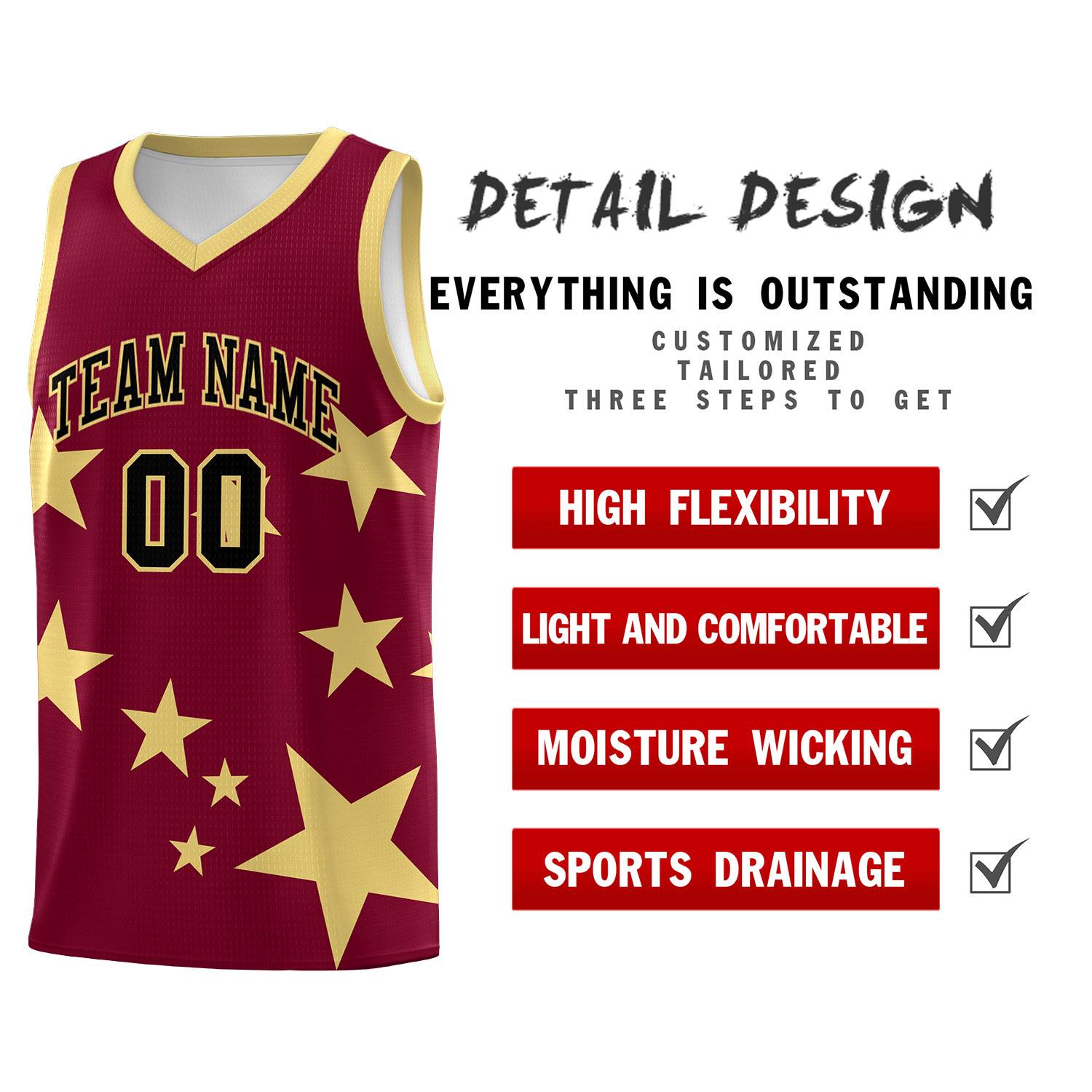 Custom Crimson Khaki Graffiti Pattern Star Print Basketball Kits Sets