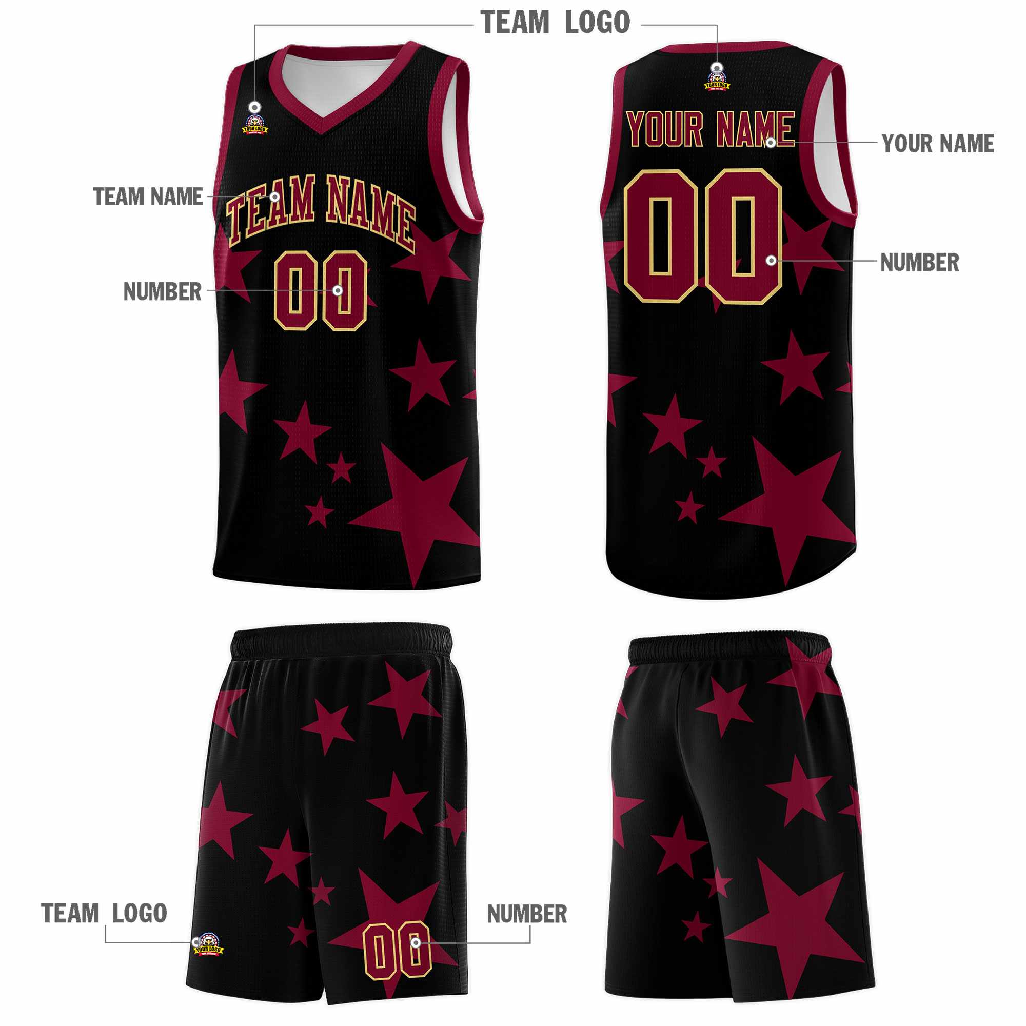 Custom Black Crimson Graffiti Pattern Star Print Basketball Kits Sets