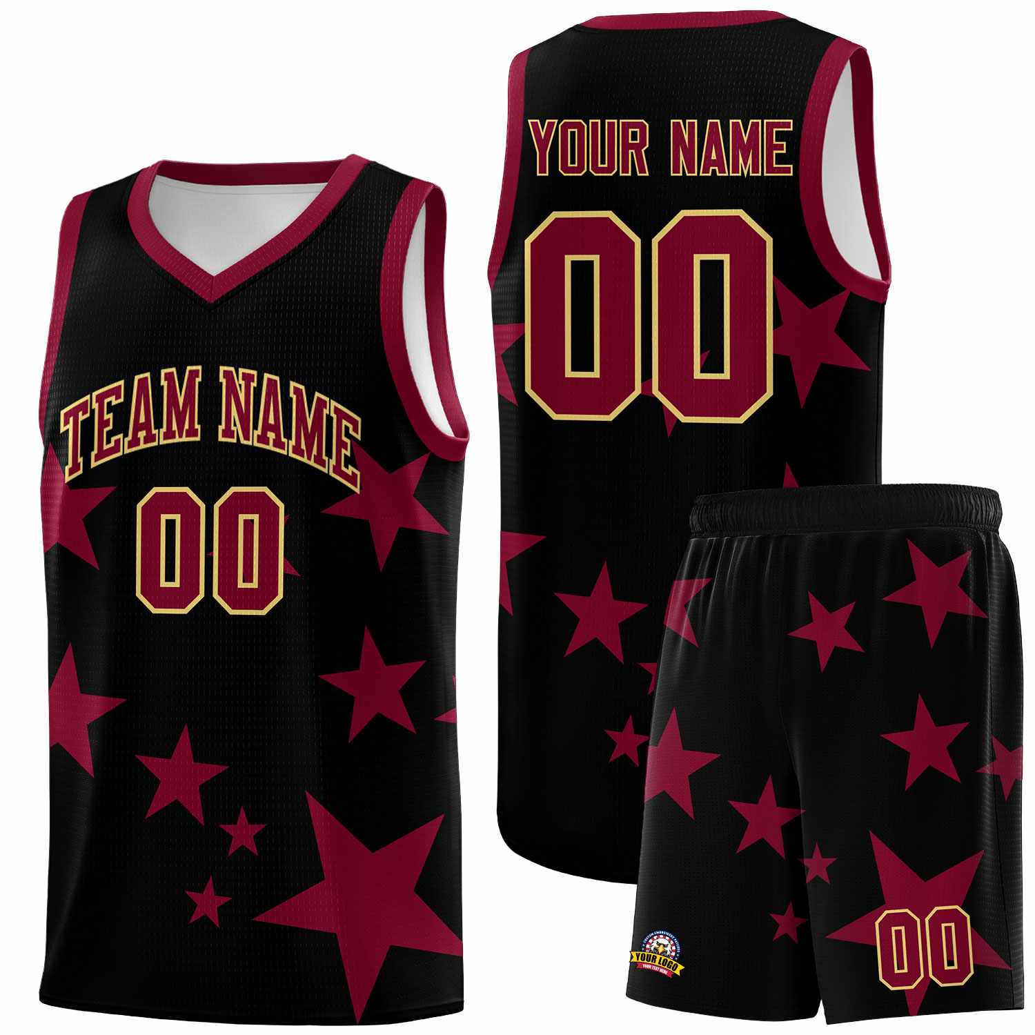 Custom Black Crimson Graffiti Pattern Star Print Basketball Kits Sets