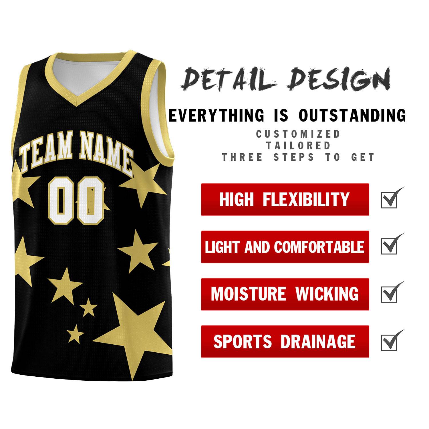 Custom Black Old Gold Graffiti Pattern Star Print Basketball Kits Sets