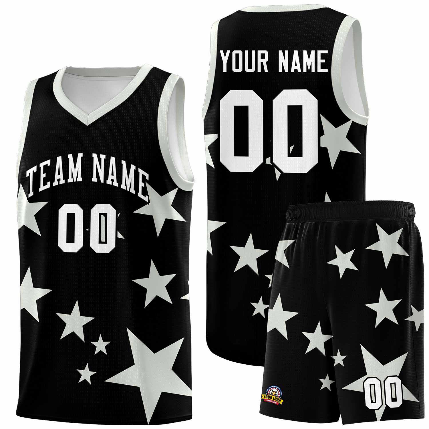 Custom Black Gray Graffiti Pattern Star Print Basketball Kits Sets