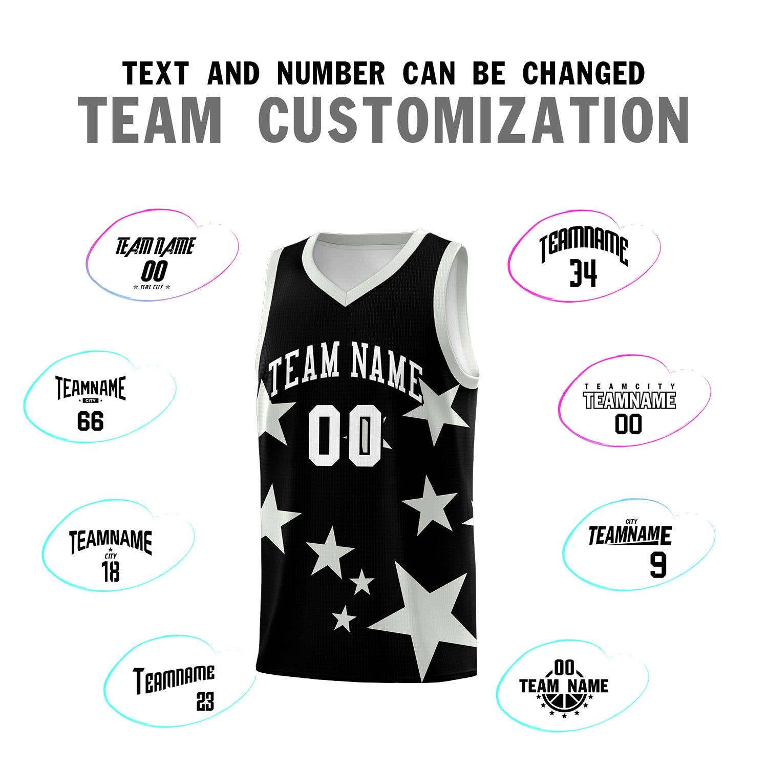 Custom Black Gray Graffiti Pattern Star Print Basketball Kits Sets