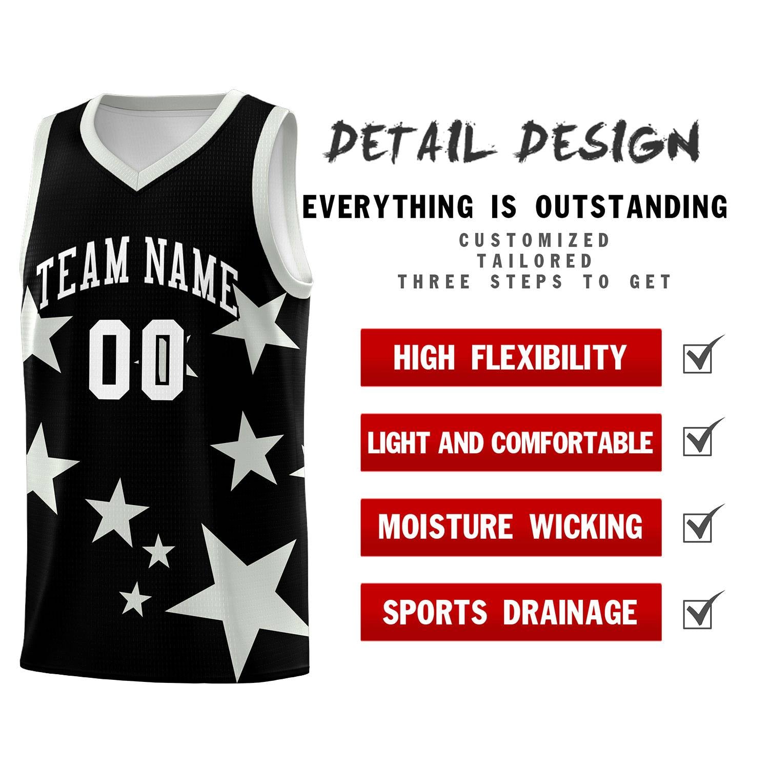 Custom Black Gray Graffiti Pattern Star Print Basketball Kits Sets