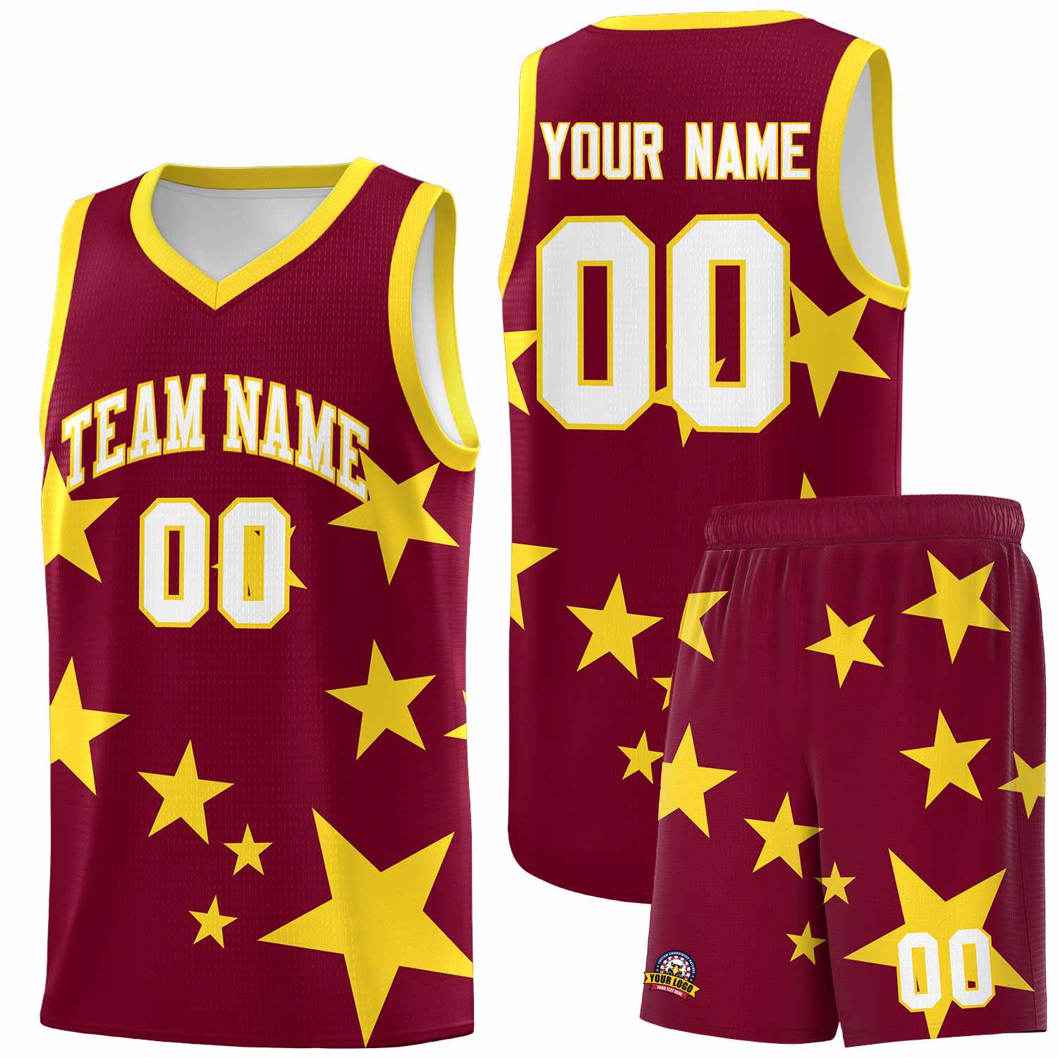 Custom Crimson Gold Graffiti Pattern Star Print Basketball Kits Sets