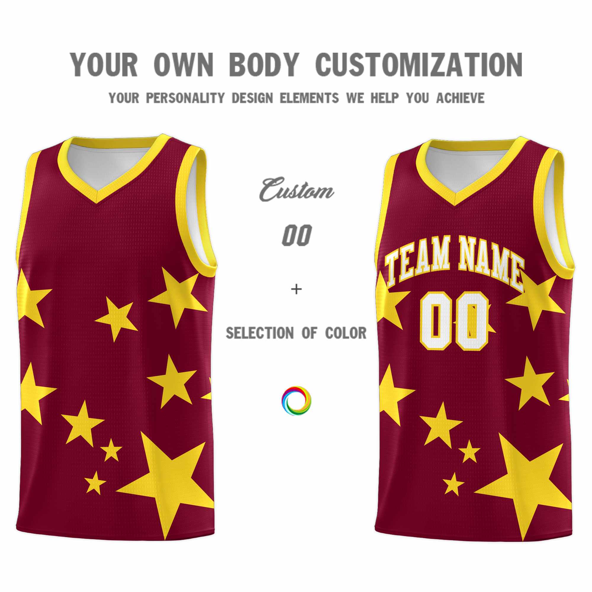 Custom Crimson Gold Graffiti Pattern Star Print Basketball Kits Sets