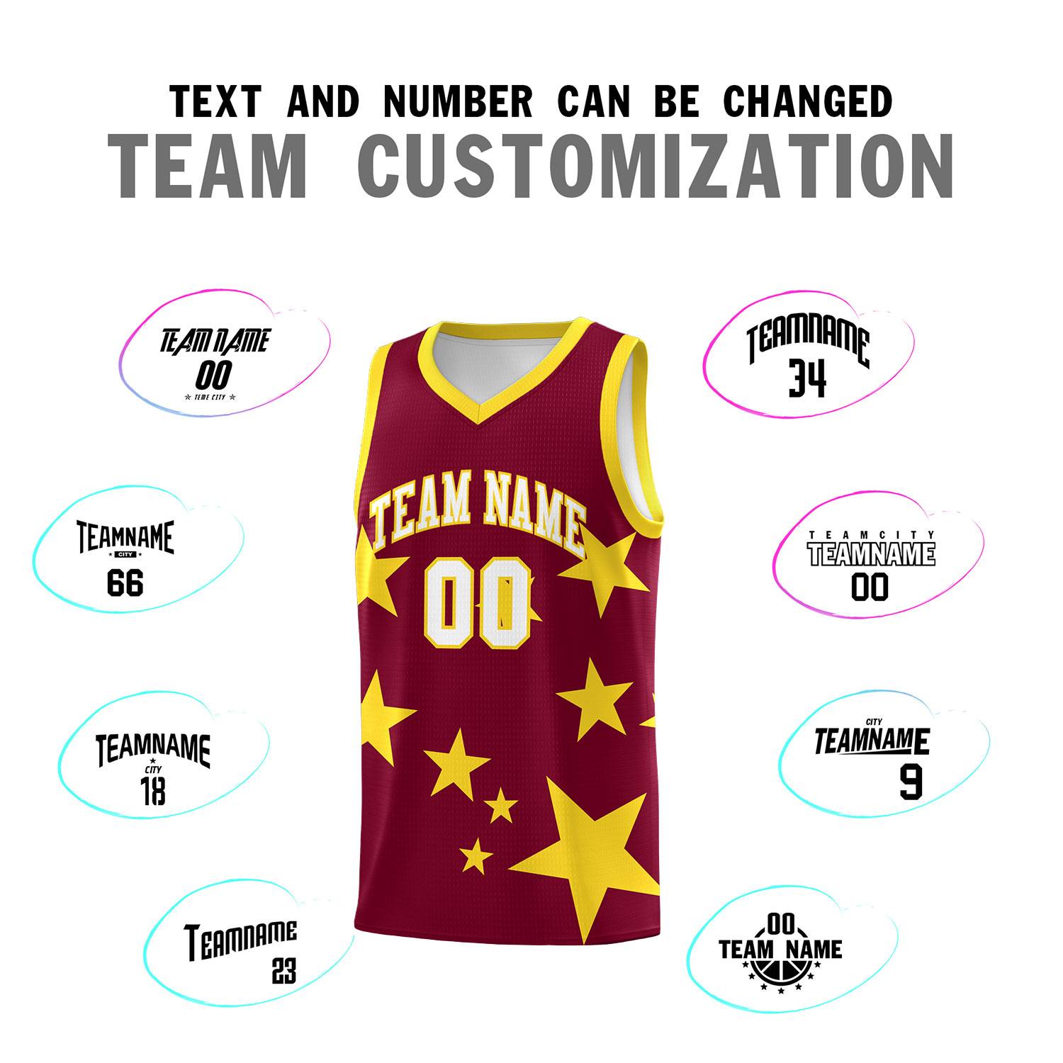 Custom Crimson Gold Graffiti Pattern Star Print Basketball Kits Sets