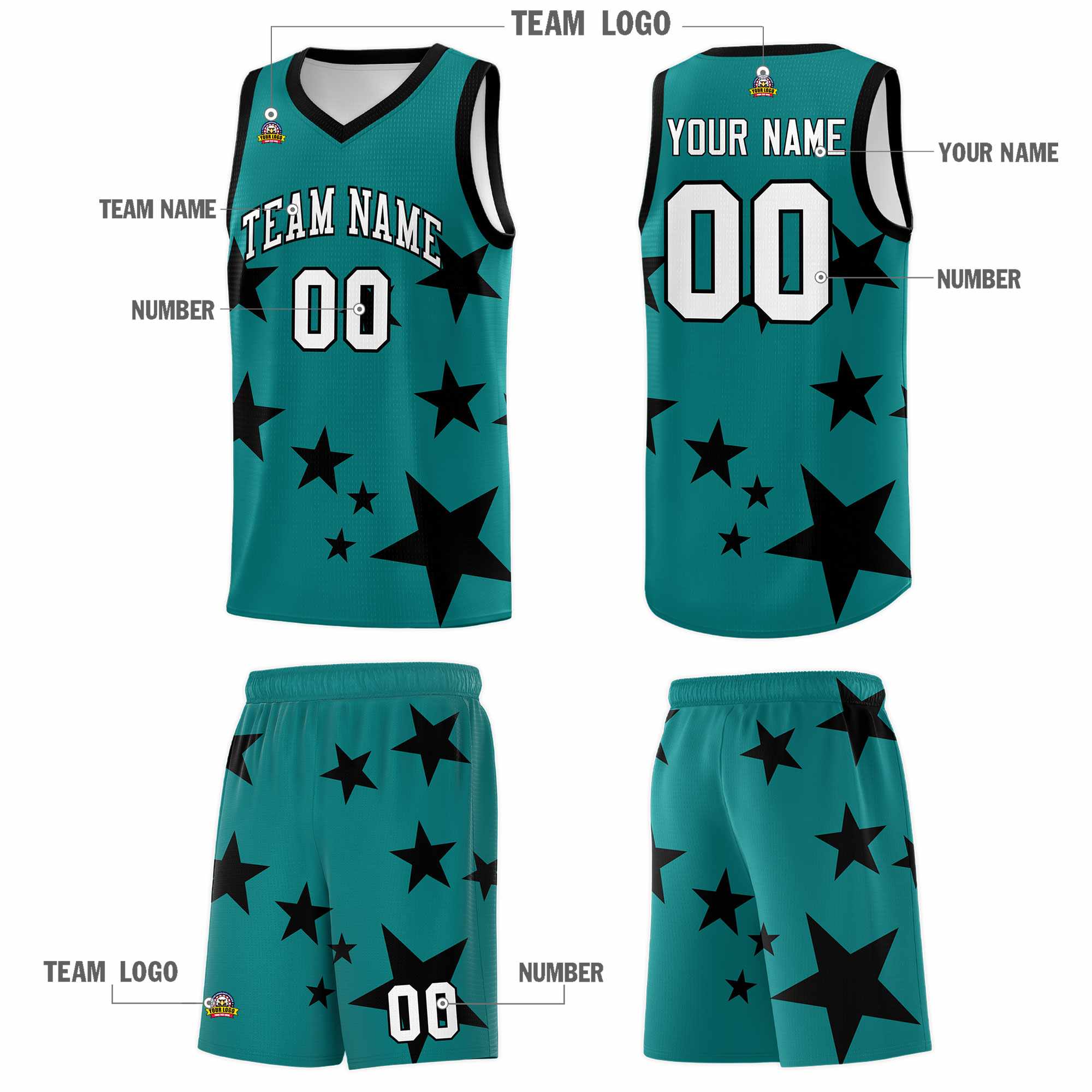 Custom Aqua Black Graffiti Pattern Star Print Basketball Kits Sets
