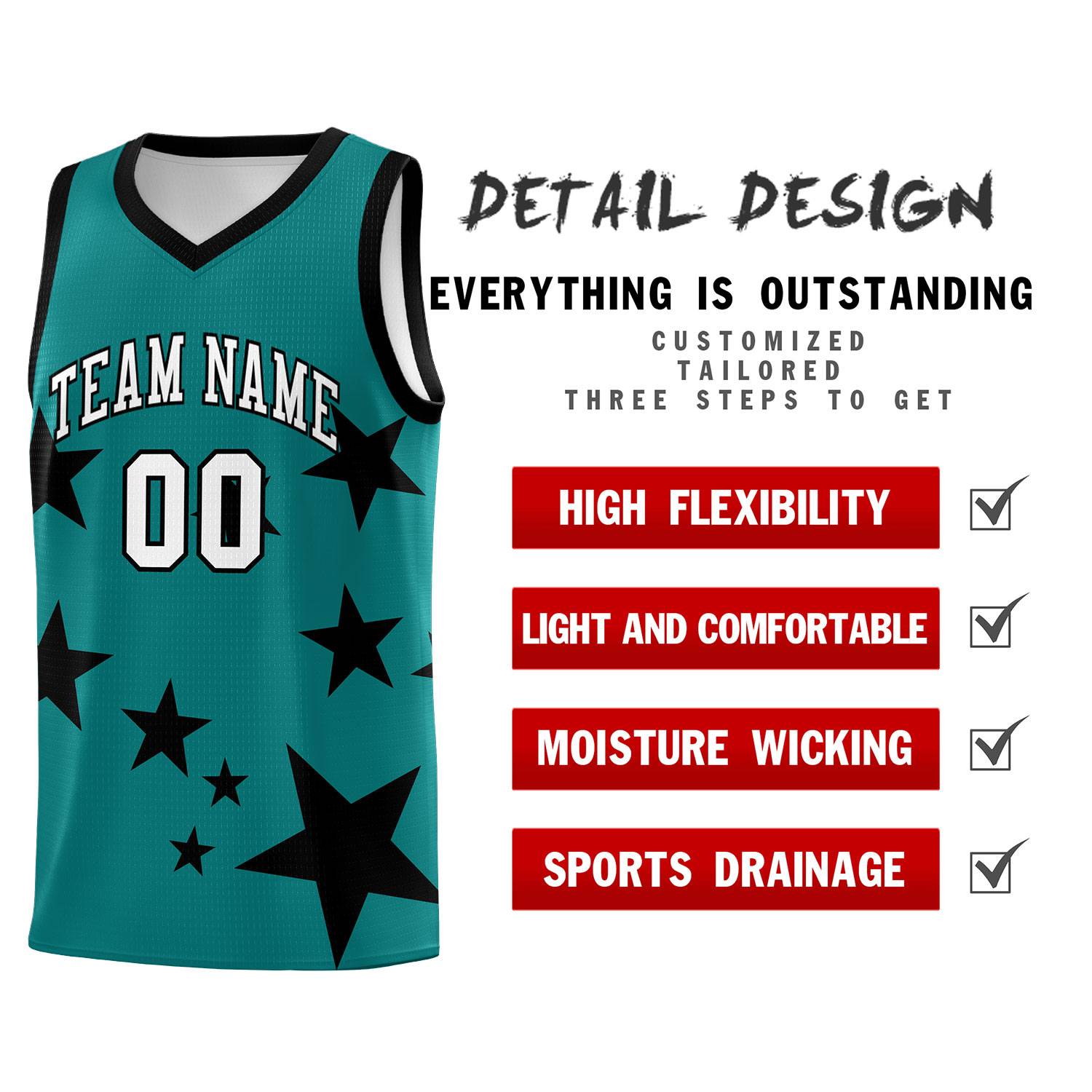 Custom Aqua Black Graffiti Pattern Star Print Basketball Kits Sets