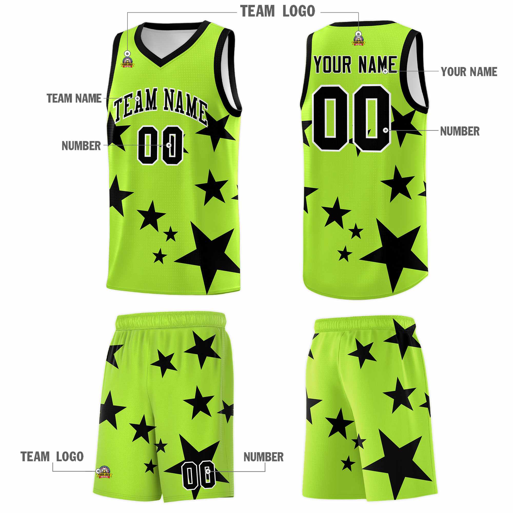Custom Light Green Black Graffiti Pattern Star Print Basketball Kits Sets