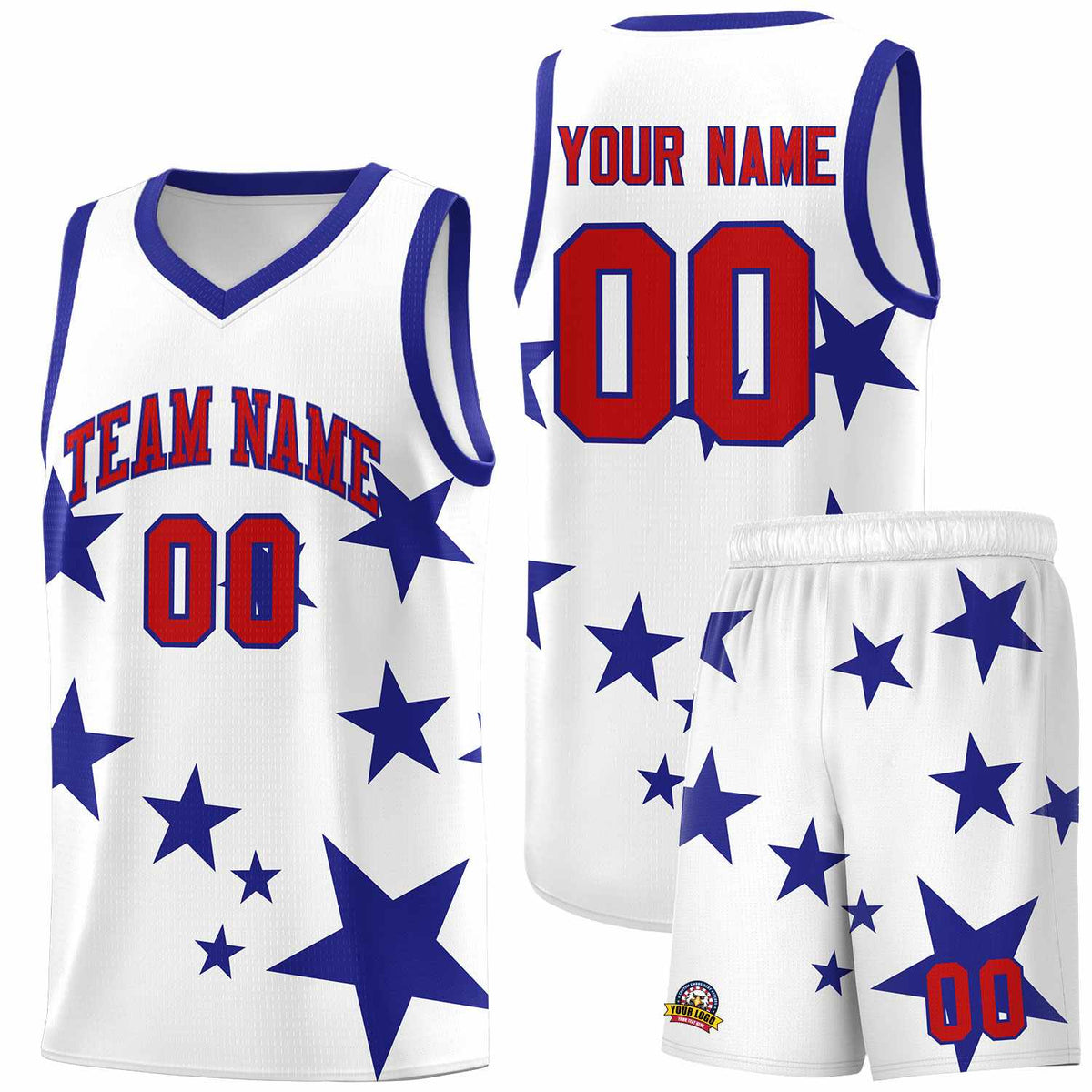 Custom White Royal Graffiti Pattern Star Print Basketball Kits Sets