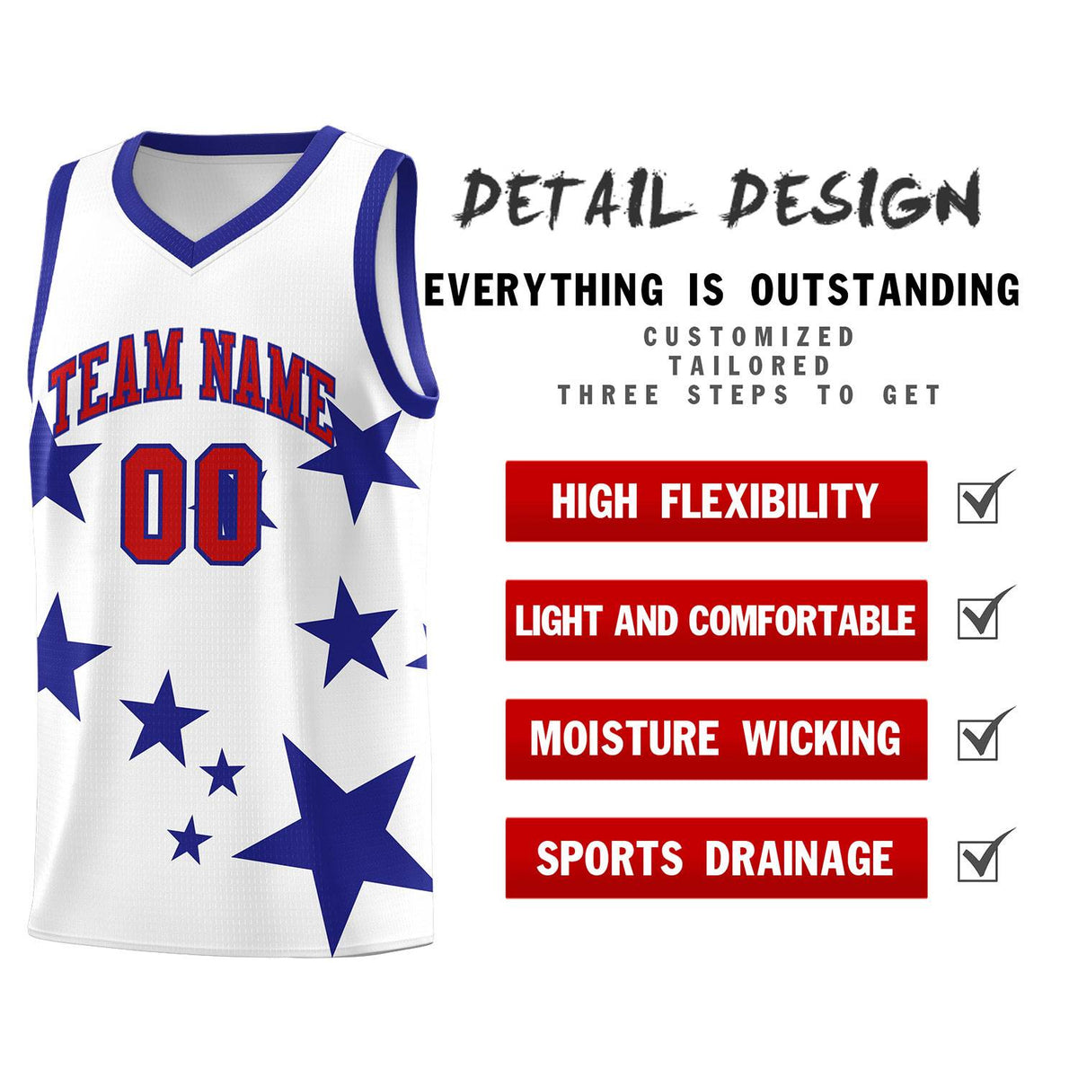 Custom White Royal Graffiti Pattern Star Print Basketball Kits Sets