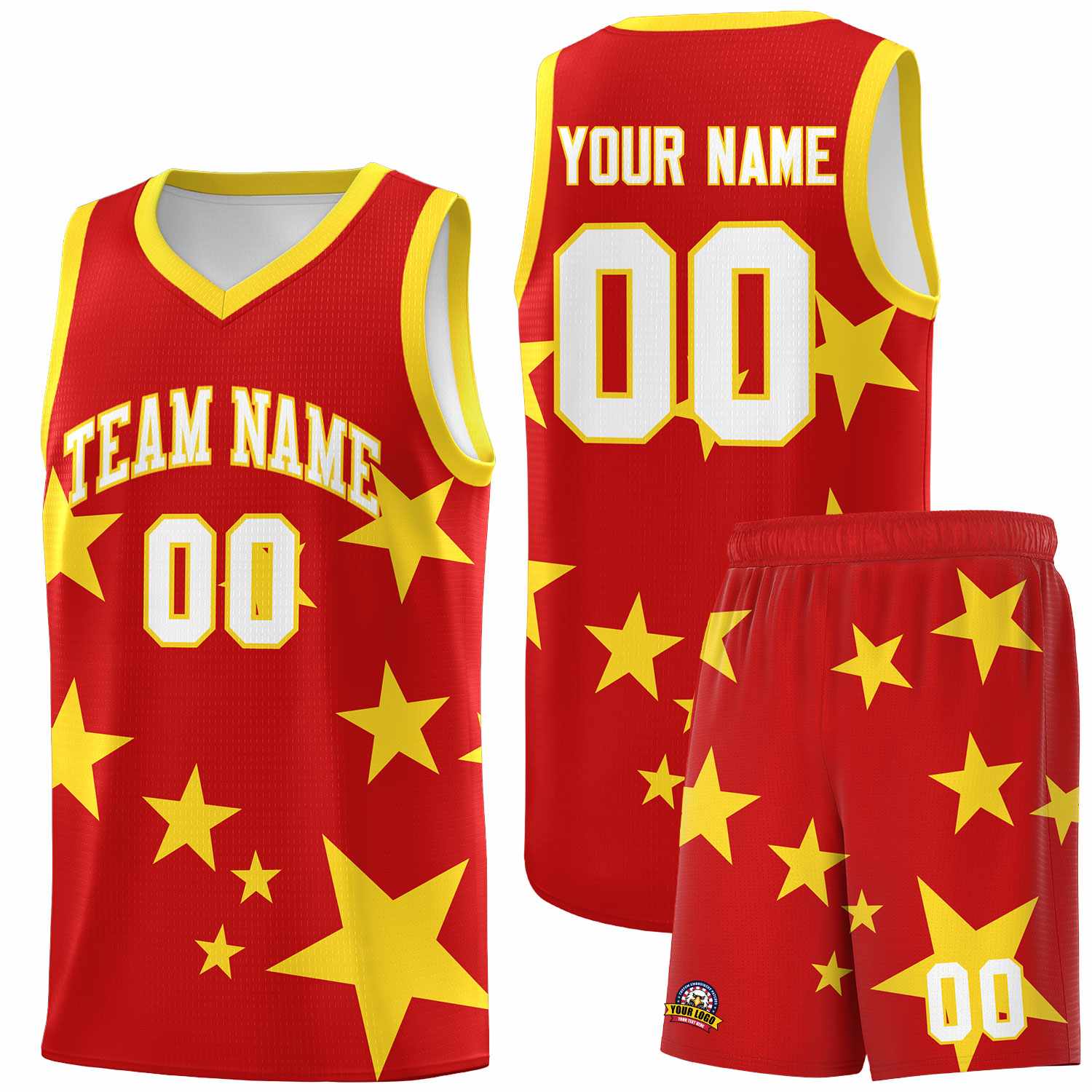Custom Red Gold Graffiti Pattern Star Print Basketball Kits Sets