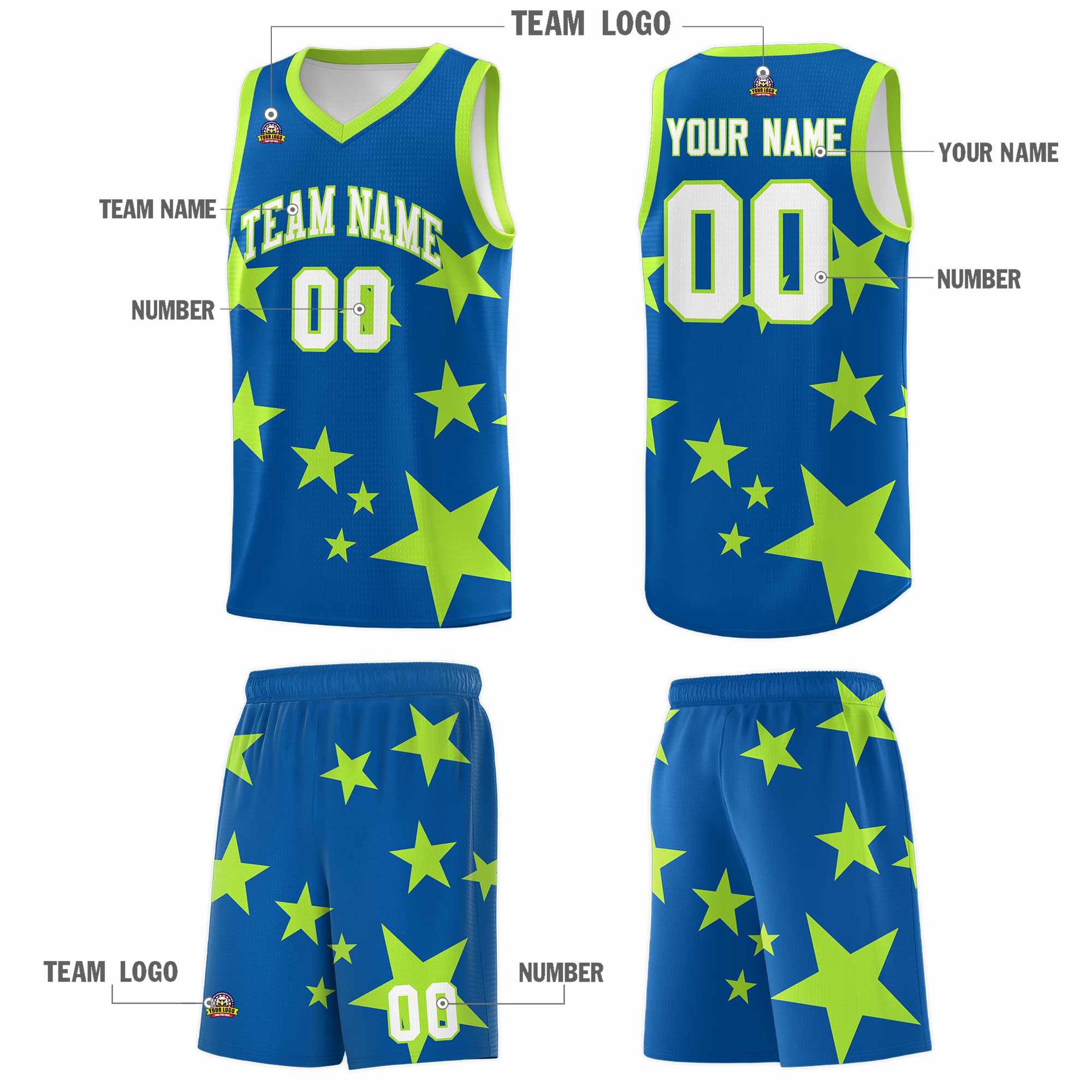 Custom Royal Light Green Graffiti Pattern Star Print Basketball Kits Sets