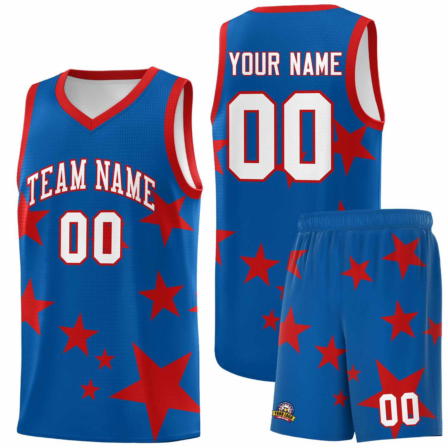 Custom Royal Red Graffiti Pattern Star Print Basketball Kits Sets
