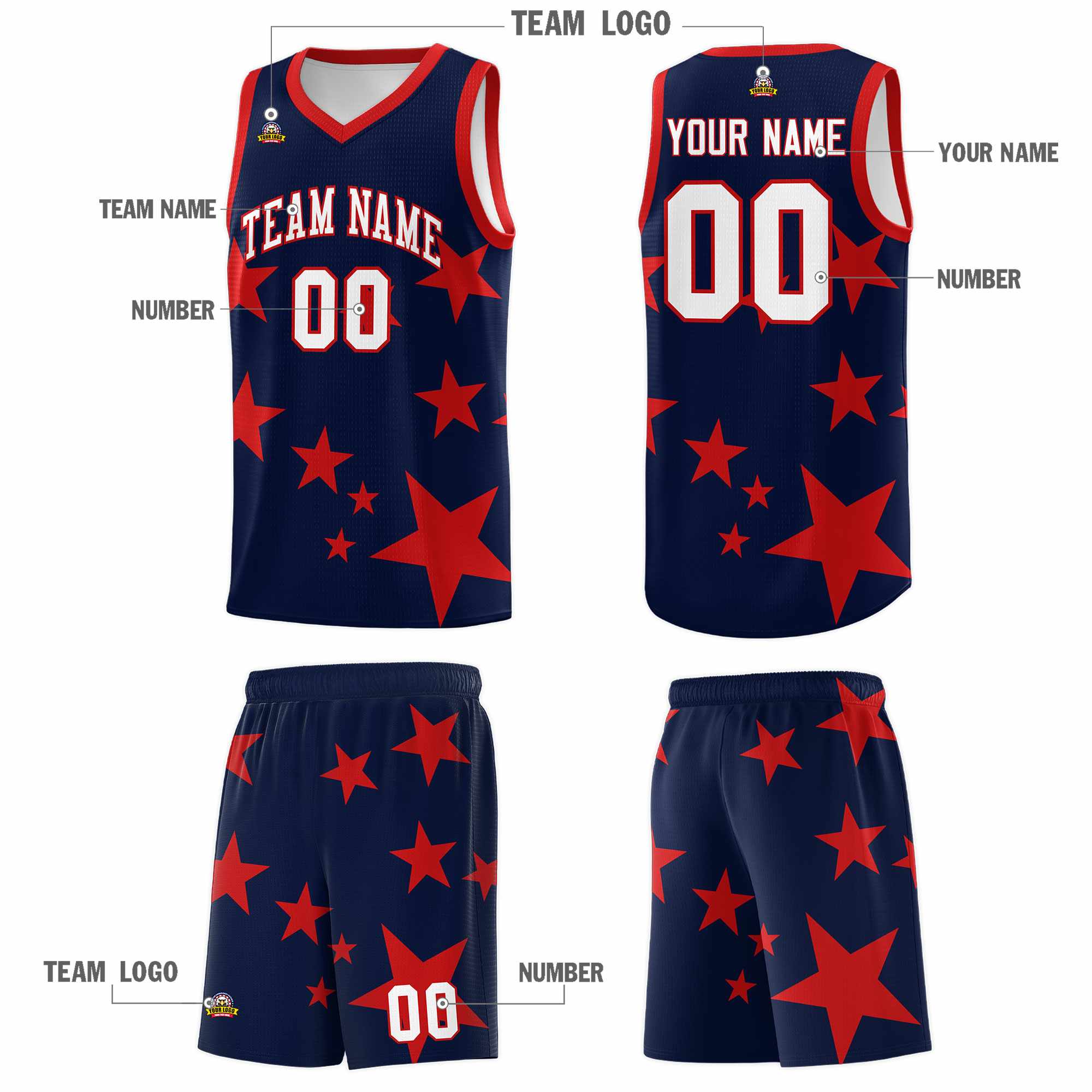 Custom Navy Red Graffiti Pattern Star Print Basketball Kits Sets
