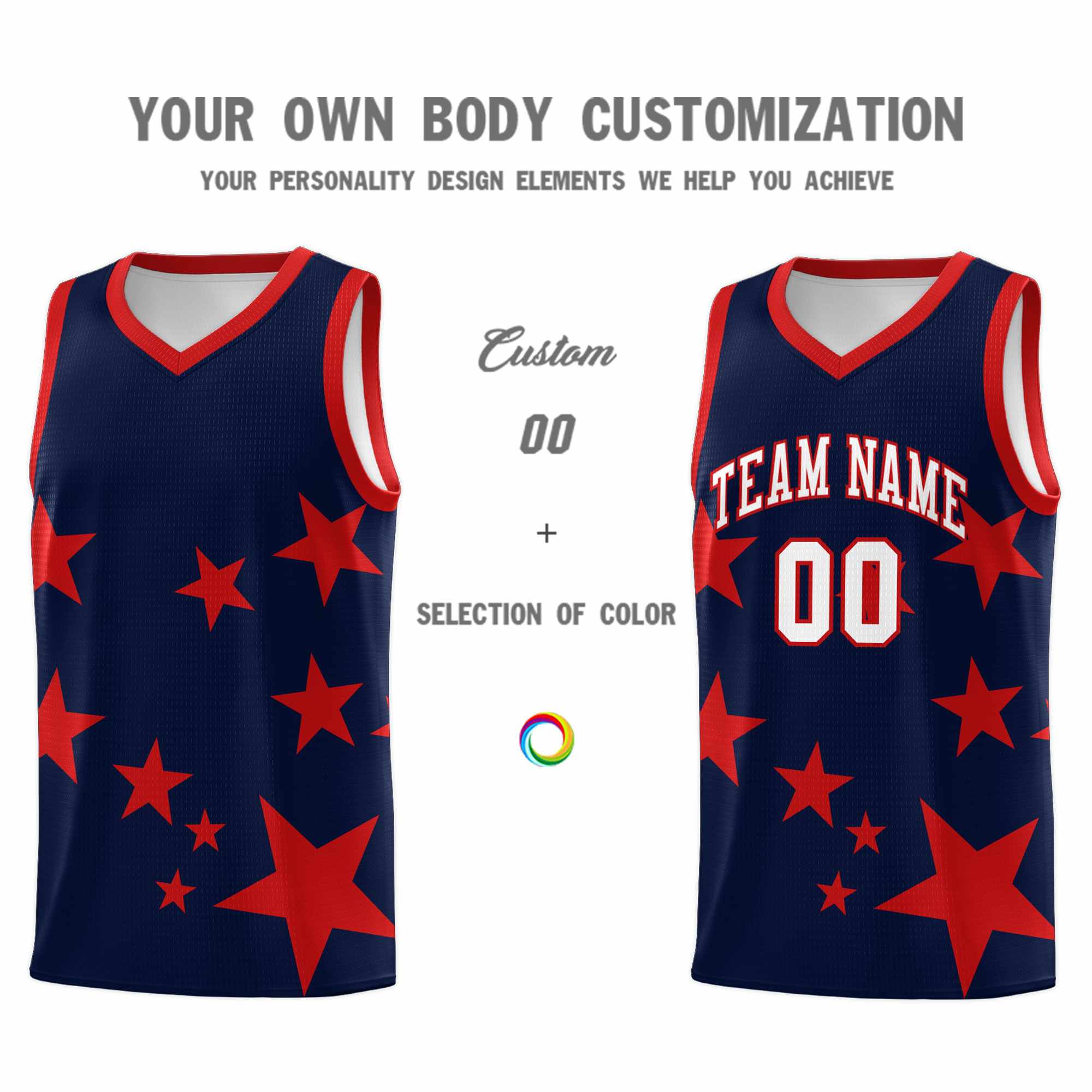 Custom Navy Red Graffiti Pattern Star Print Basketball Kits Sets