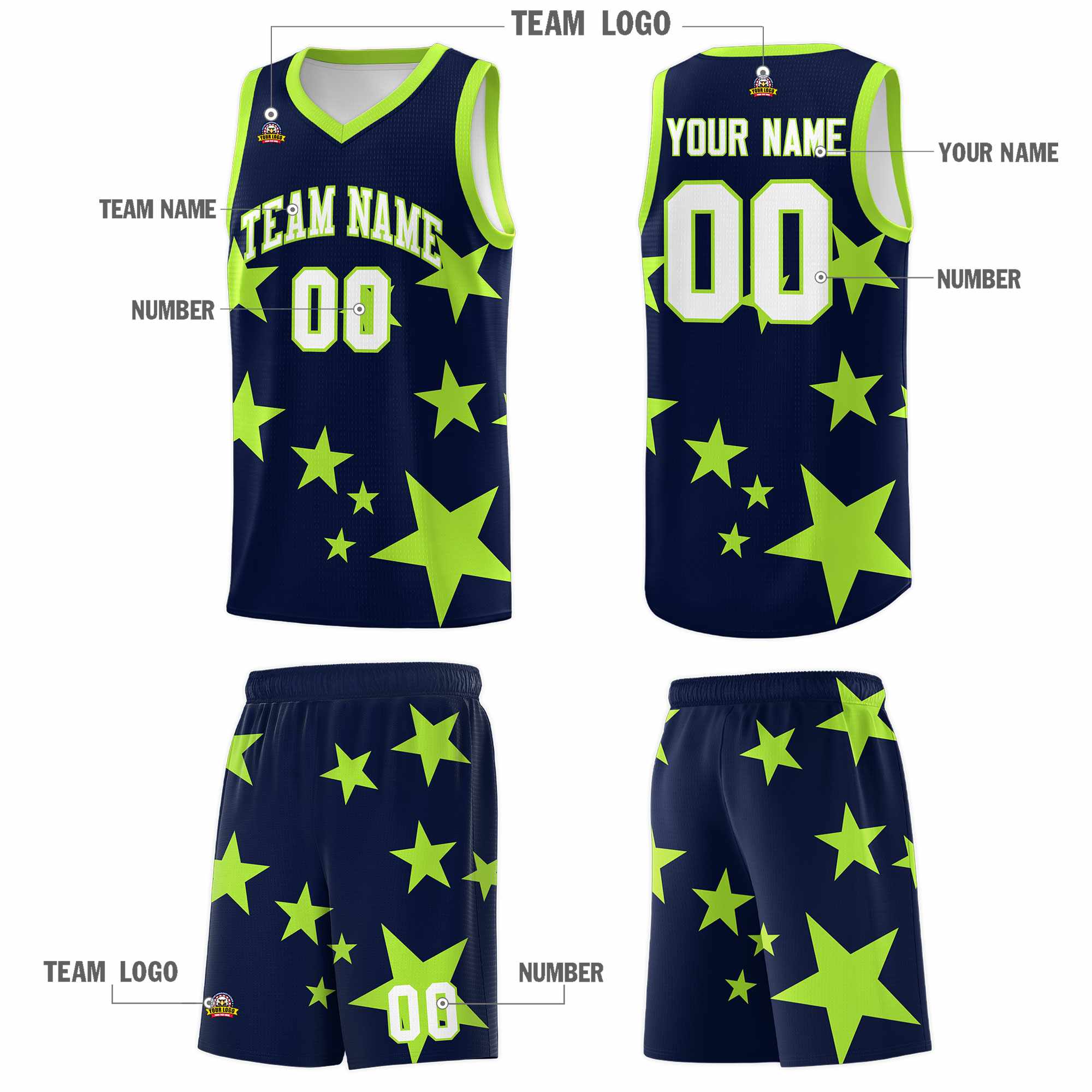 Custom Navy Light Green Graffiti Pattern Star Print Basketball Kits Sets