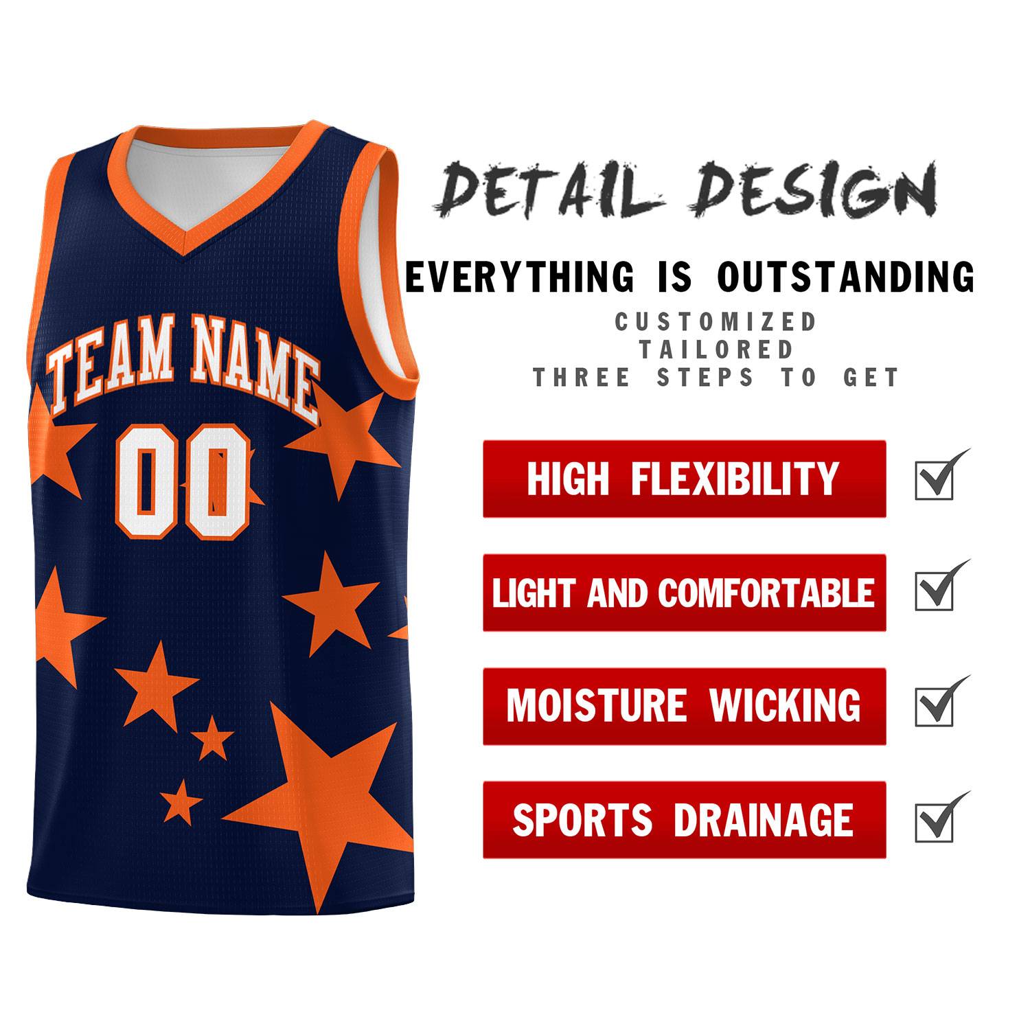 Custom Navy Orange Graffiti Pattern Star Print Basketball Kits Sets