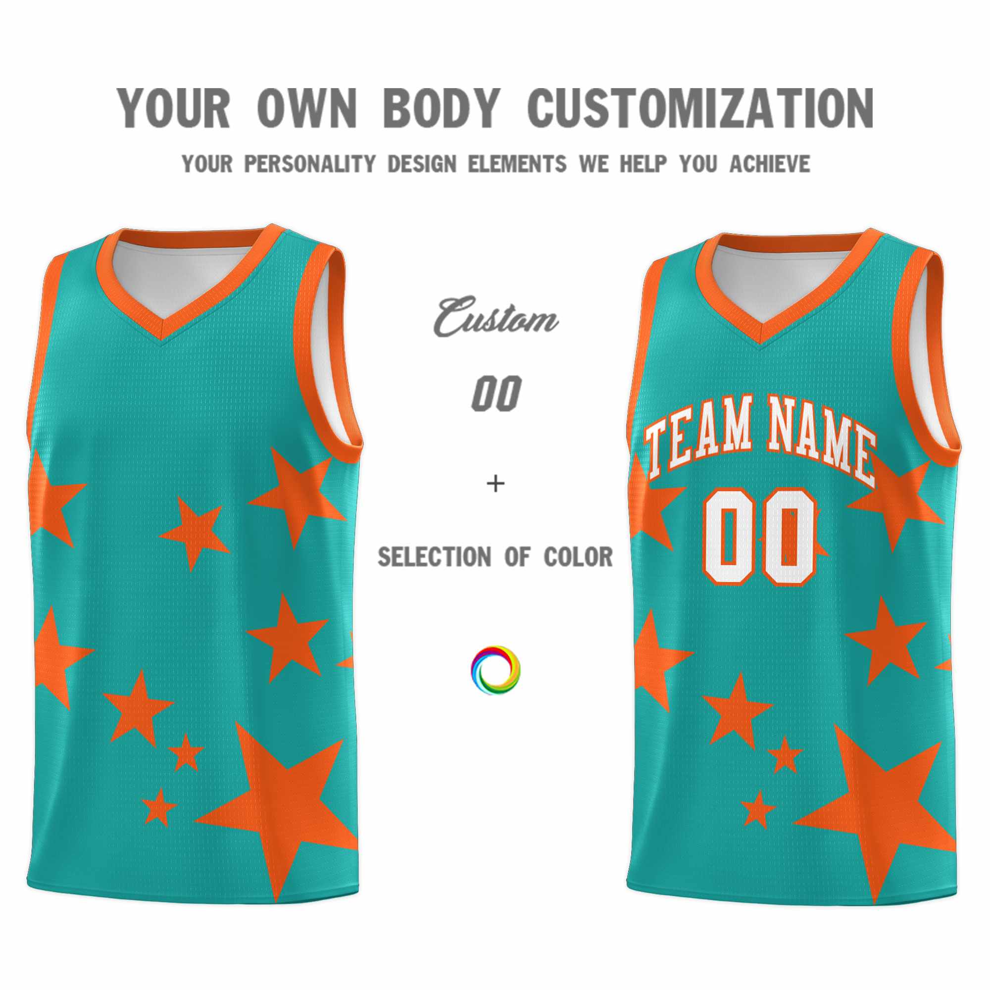 Custom Aqua Orange Graffiti Pattern Star Print Basketball Kits Sets