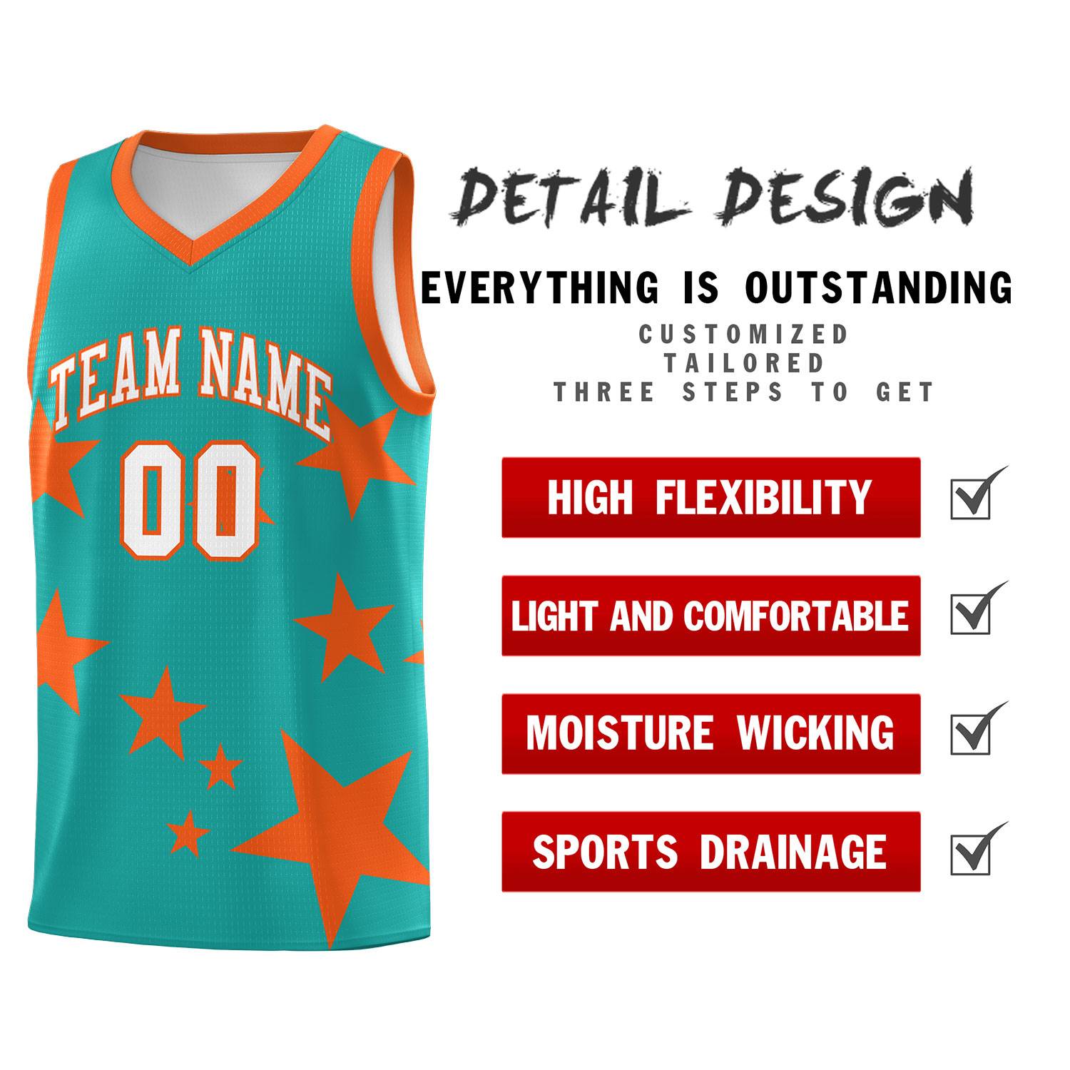 Custom Aqua Orange Graffiti Pattern Star Print Basketball Kits Sets