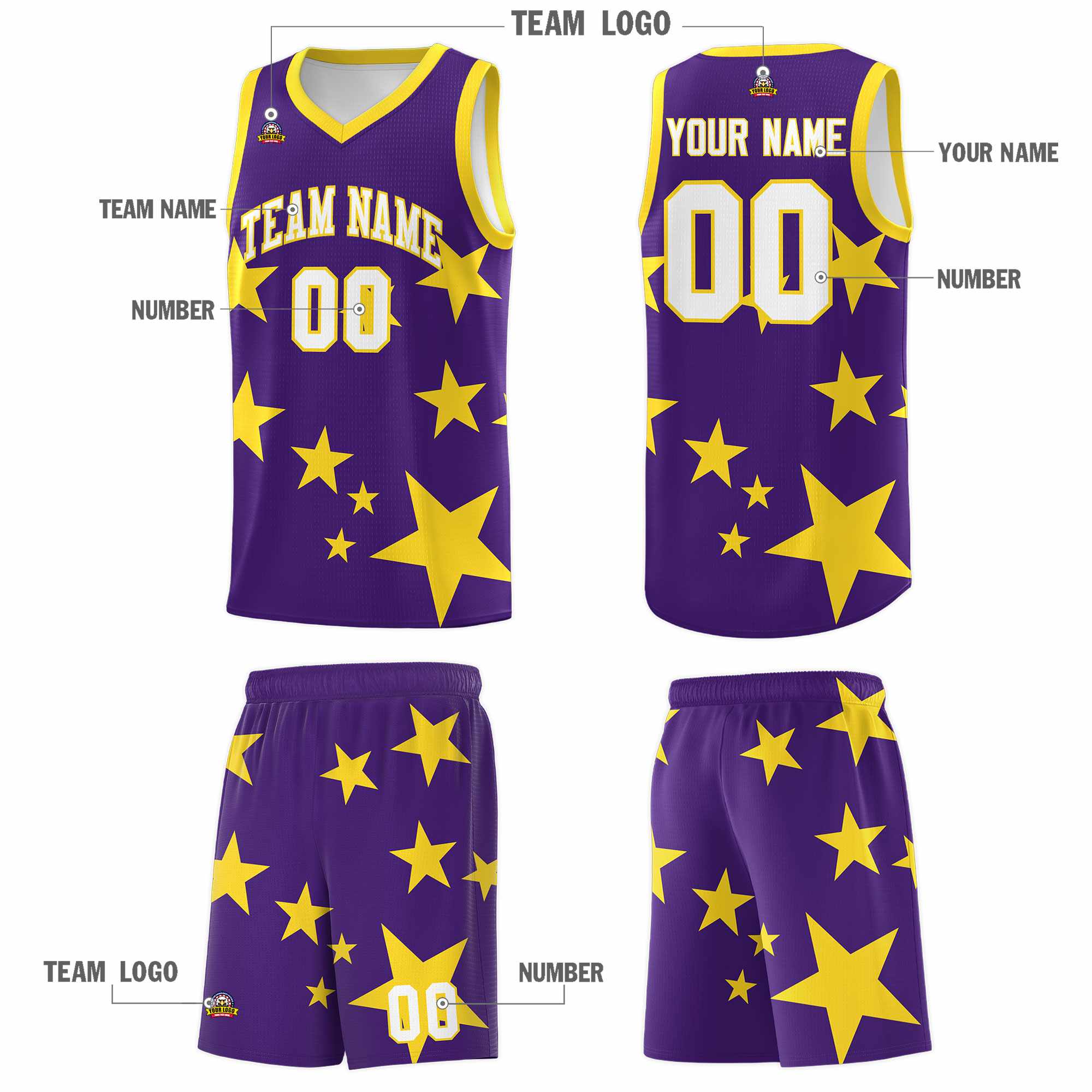 Custom Purple Gold Graffiti Pattern Star Print Basketball Kits Sets