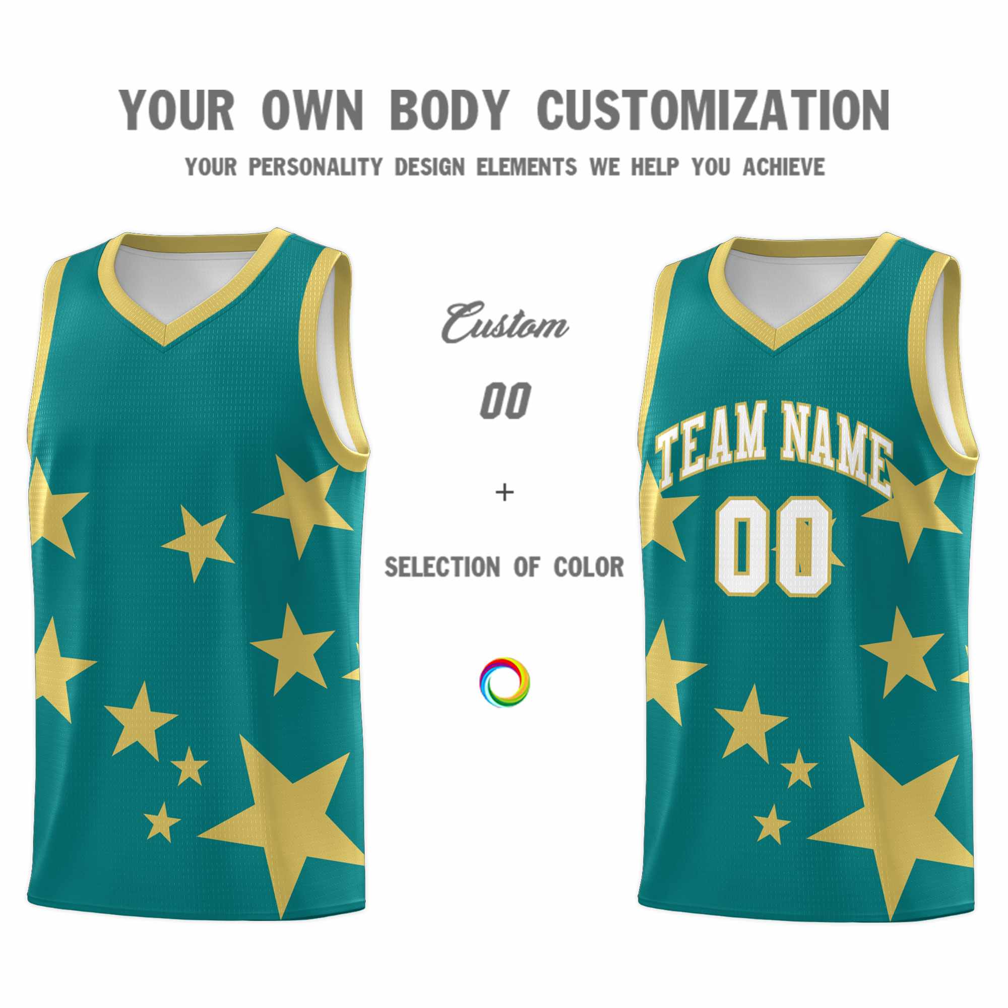 Custom Aqua Old Gold Graffiti Pattern Star Print Basketball Kits Sets