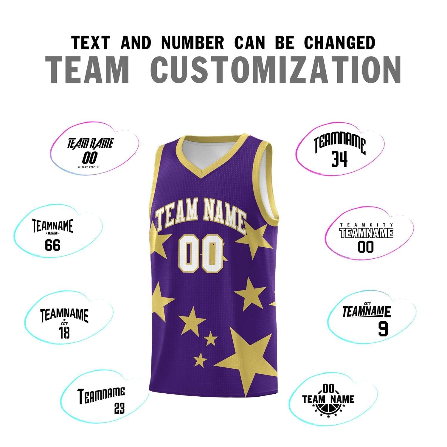 Custom Purple Old Gold Graffiti Pattern Star Print Basketball Kits Sets