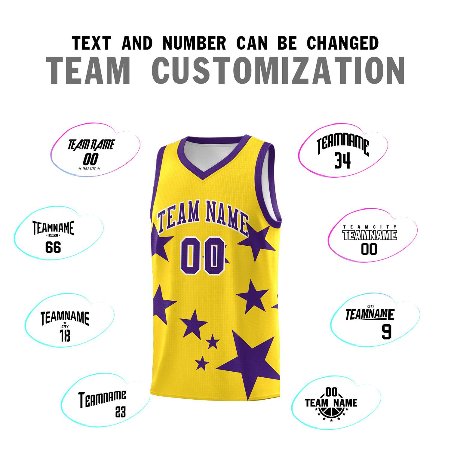 Custom Gold Purple Graffiti Pattern Star Print Basketball Kits Sets