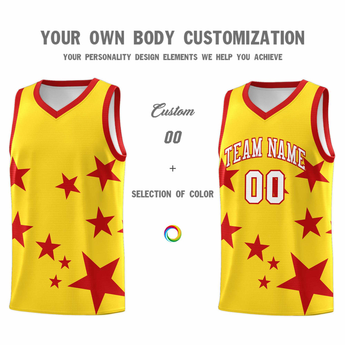 Custom Gold Red Graffiti Pattern Star Print Basketball Kits Sets