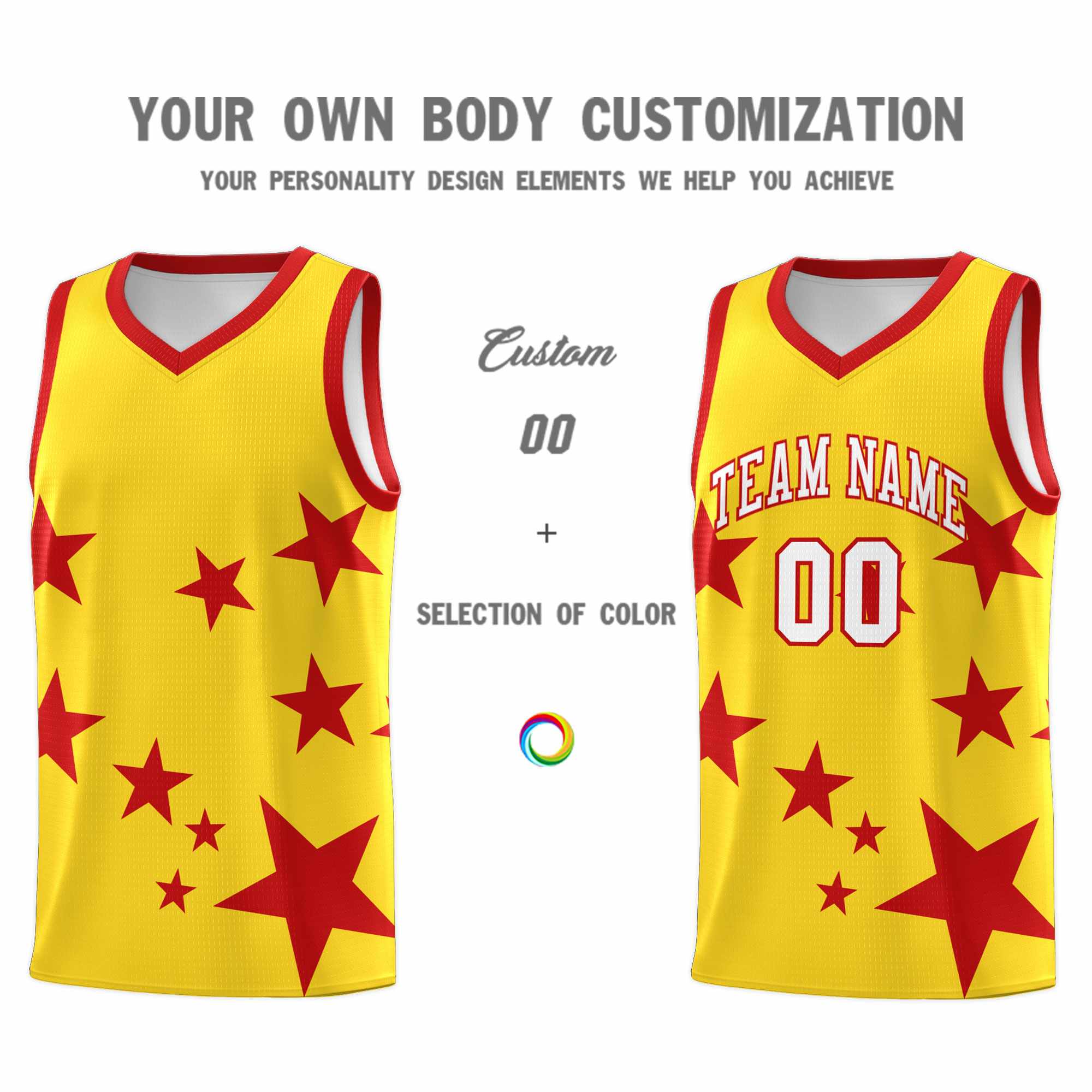Custom Gold Red Graffiti Pattern Star Print Basketball Kits Sets