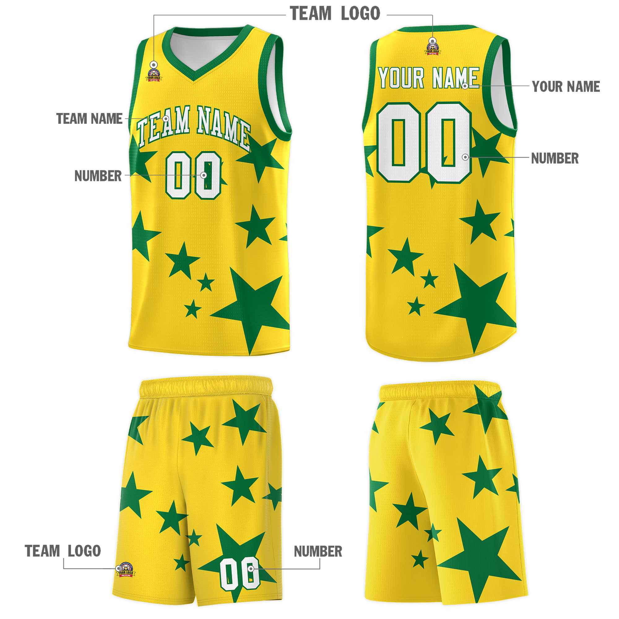 Custom Gold Kelly Green Graffiti Pattern Star Print Basketball Kits Sets