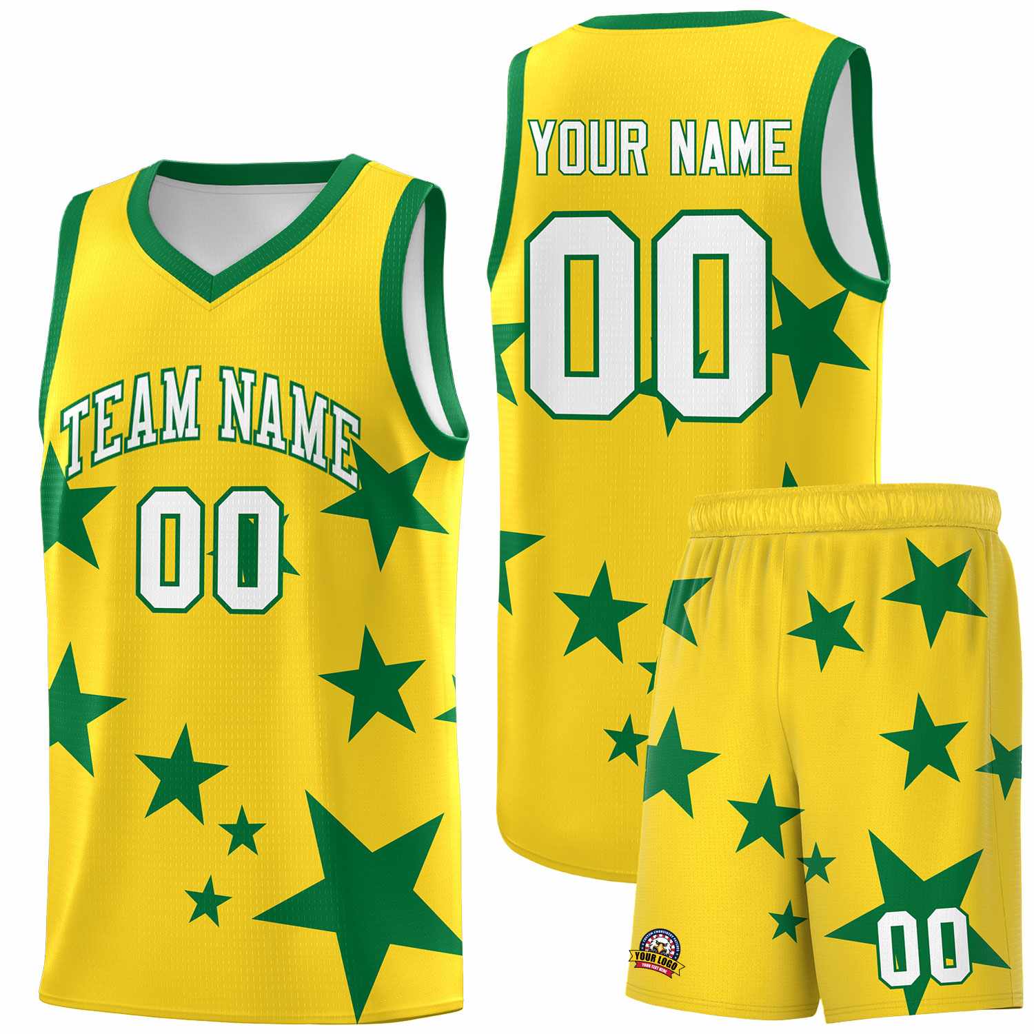 Custom Gold Kelly Green Graffiti Pattern Star Print Basketball Kits Sets