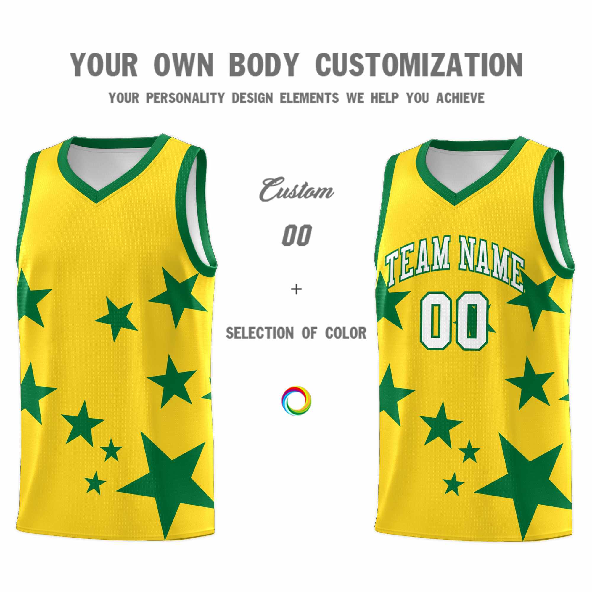 Custom Gold Kelly Green Graffiti Pattern Star Print Basketball Kits Sets
