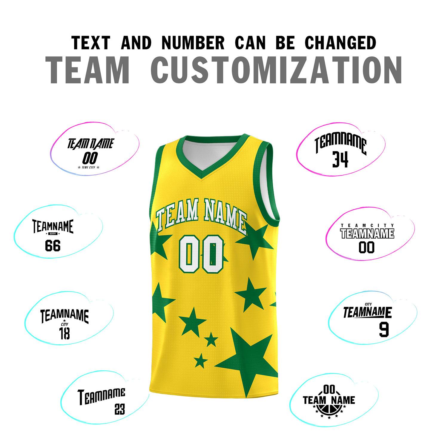 Custom Gold Kelly Green Graffiti Pattern Star Print Basketball Kits Sets