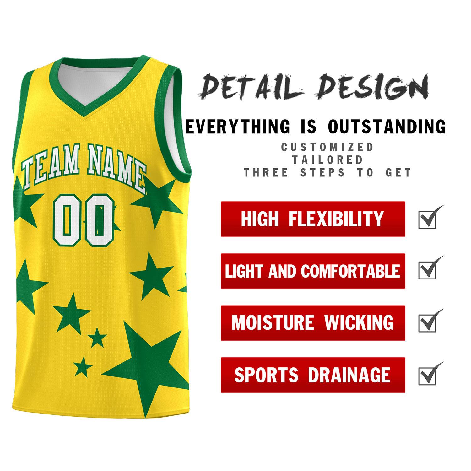 Custom Gold Kelly Green Graffiti Pattern Star Print Basketball Kits Sets