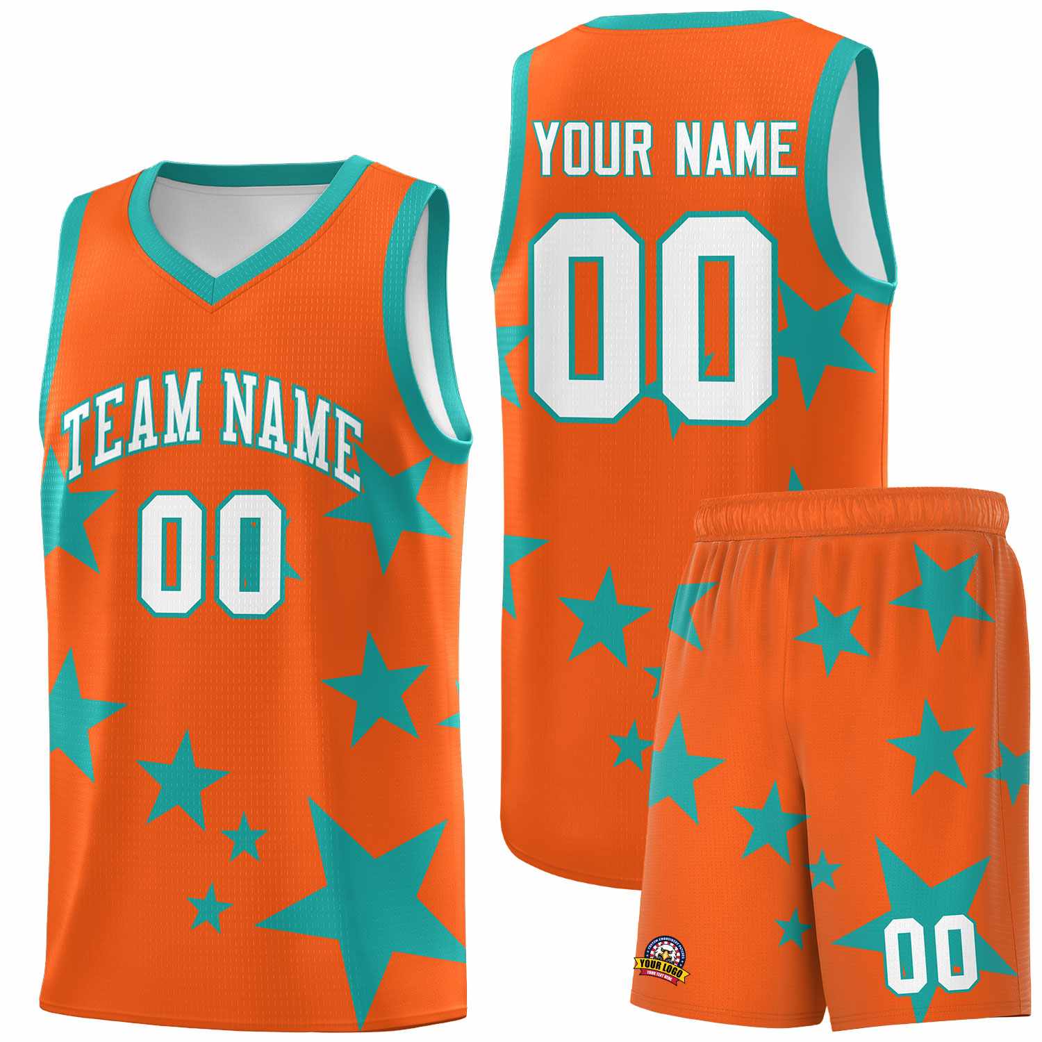 Custom Orange Aqua Graffiti Pattern Star Print Basketball Kits Sets