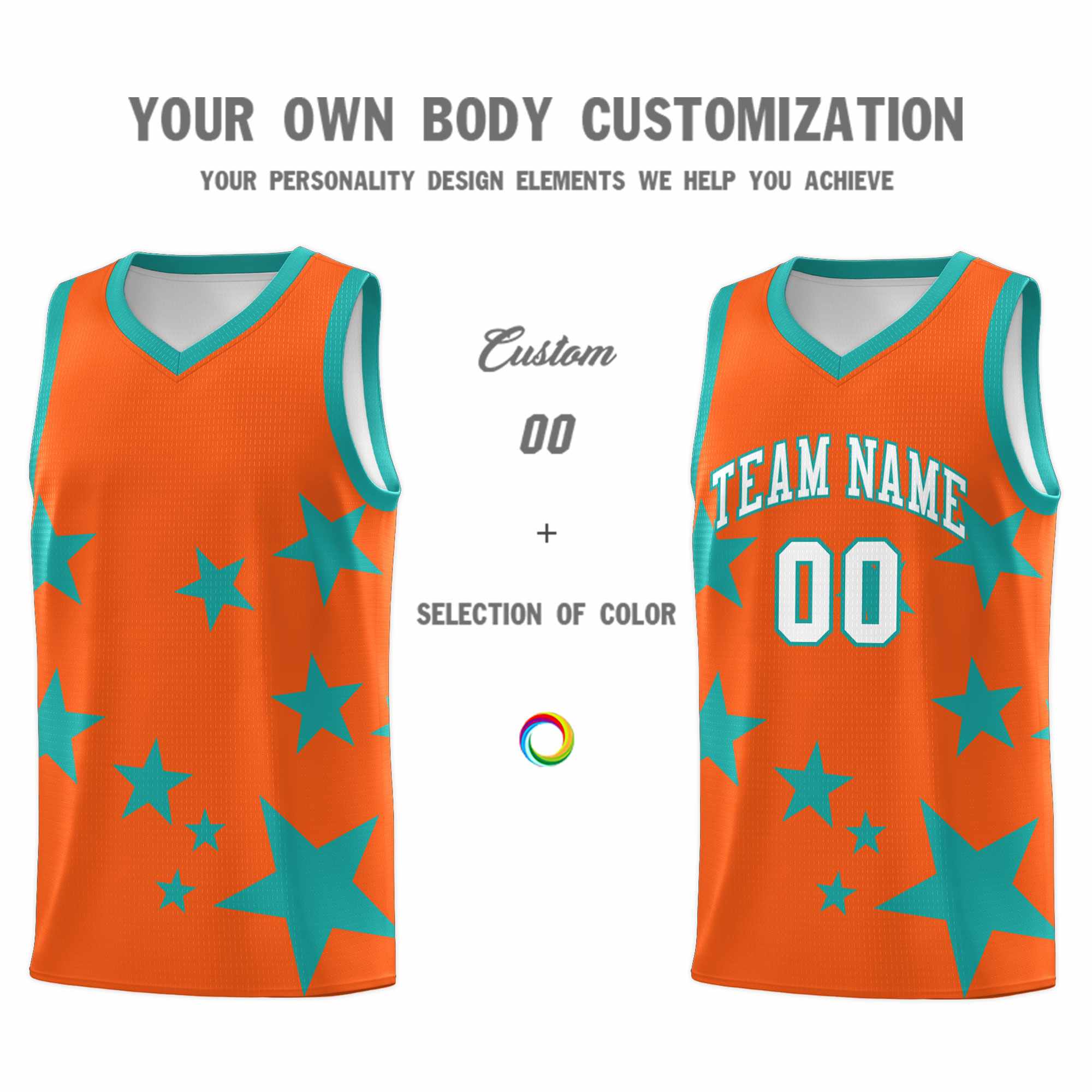 Custom Orange Aqua Graffiti Pattern Star Print Basketball Kits Sets