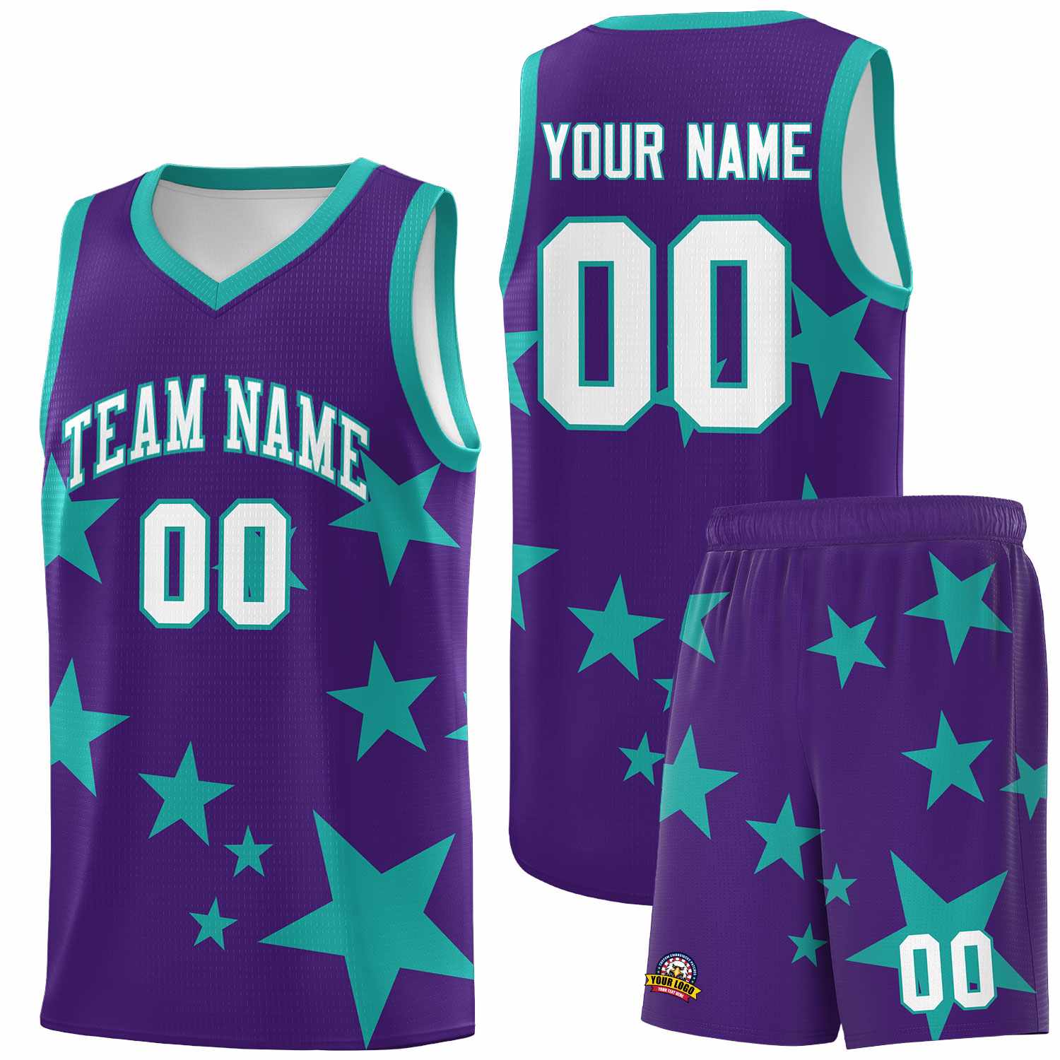 Custom Purple Aqua Graffiti Pattern Star Print Basketball Kits Sets