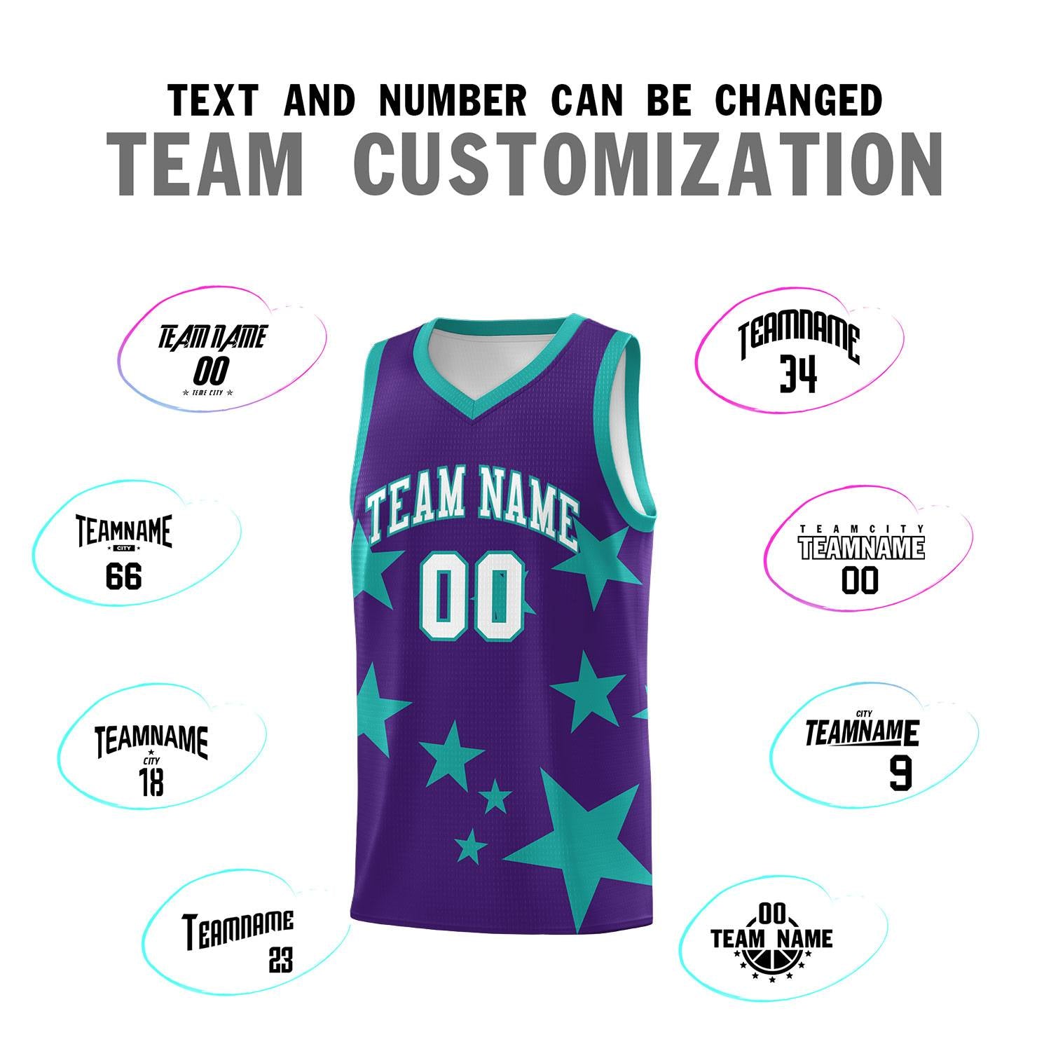 Custom Purple Aqua Graffiti Pattern Star Print Basketball Kits Sets