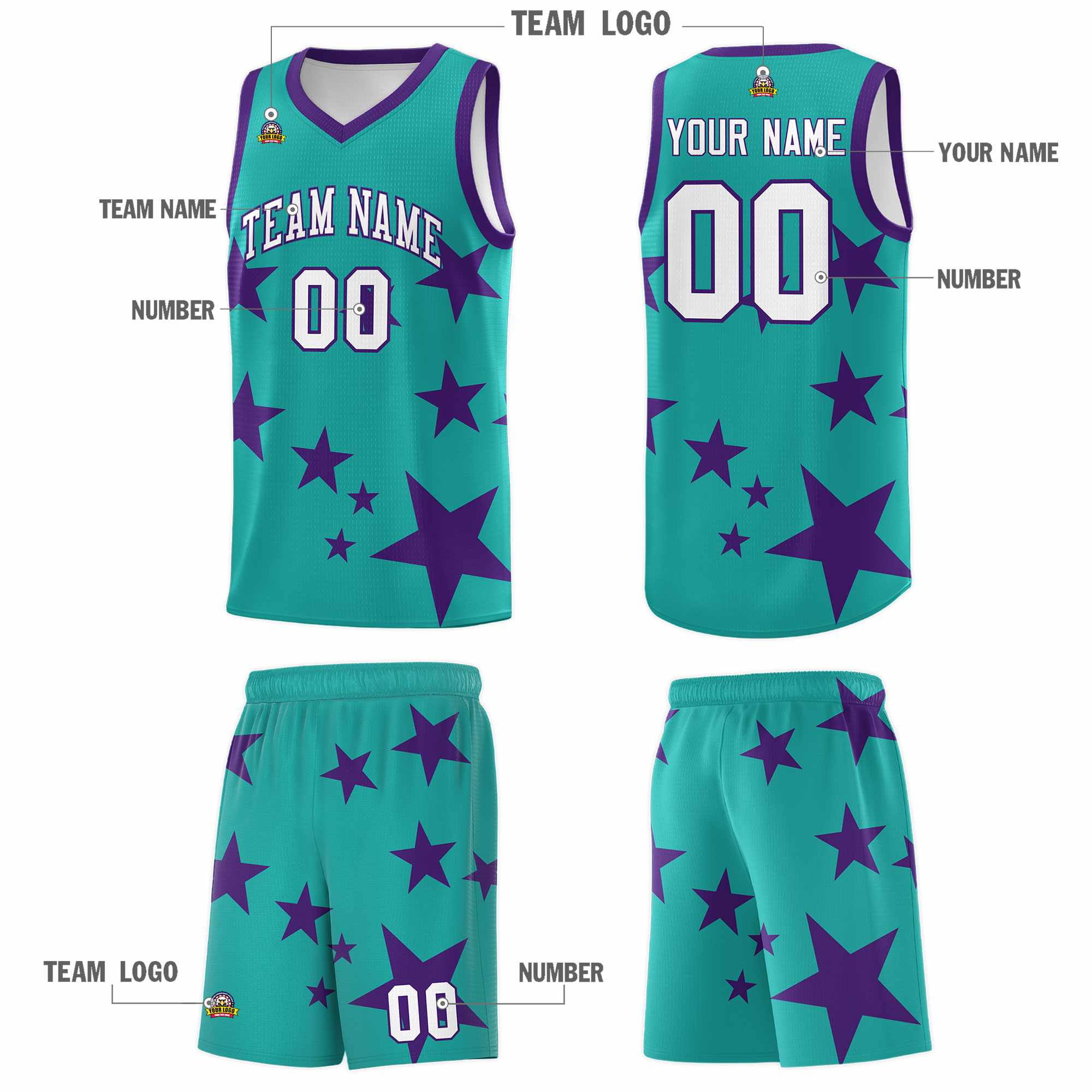 Custom Aqua Purple Graffiti Pattern Star Print Basketball Kits Sets