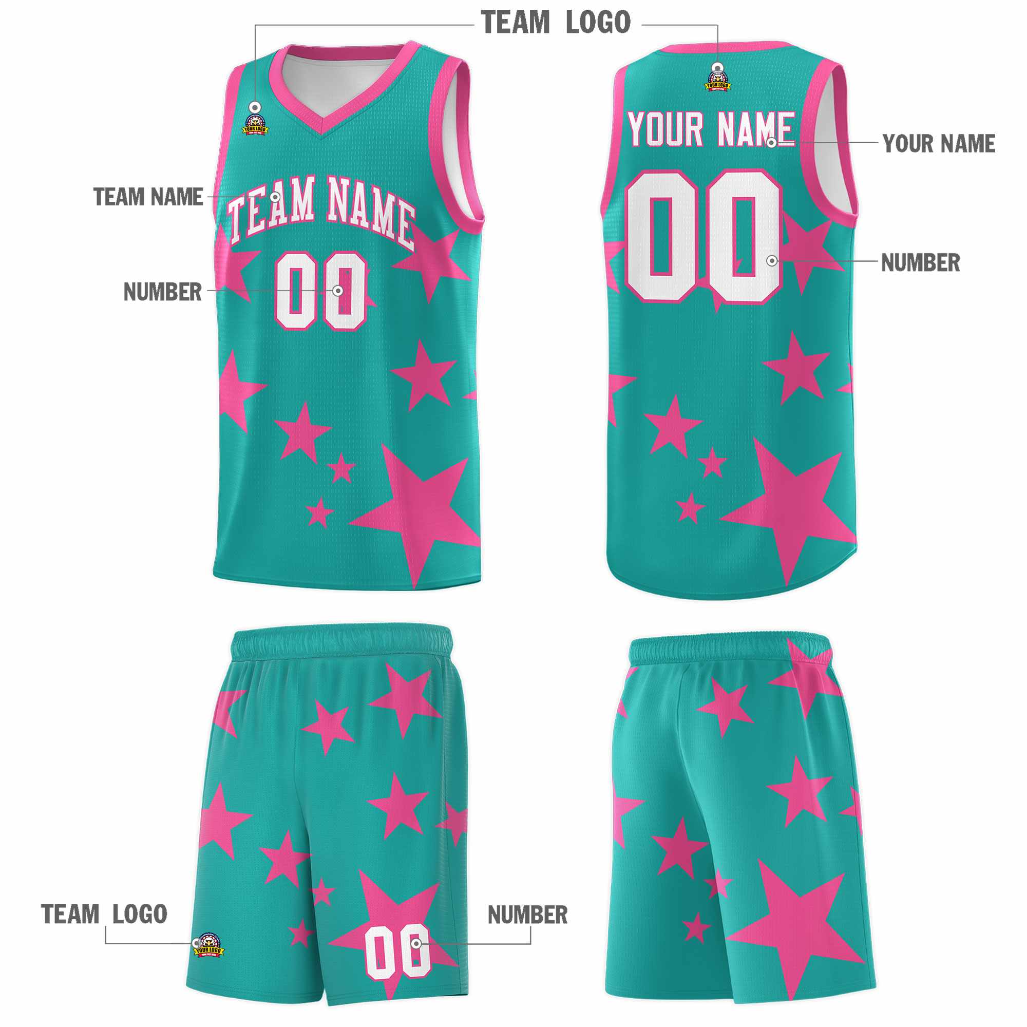 Custom Aqua Pink Graffiti Pattern Star Print Basketball Kits Sets