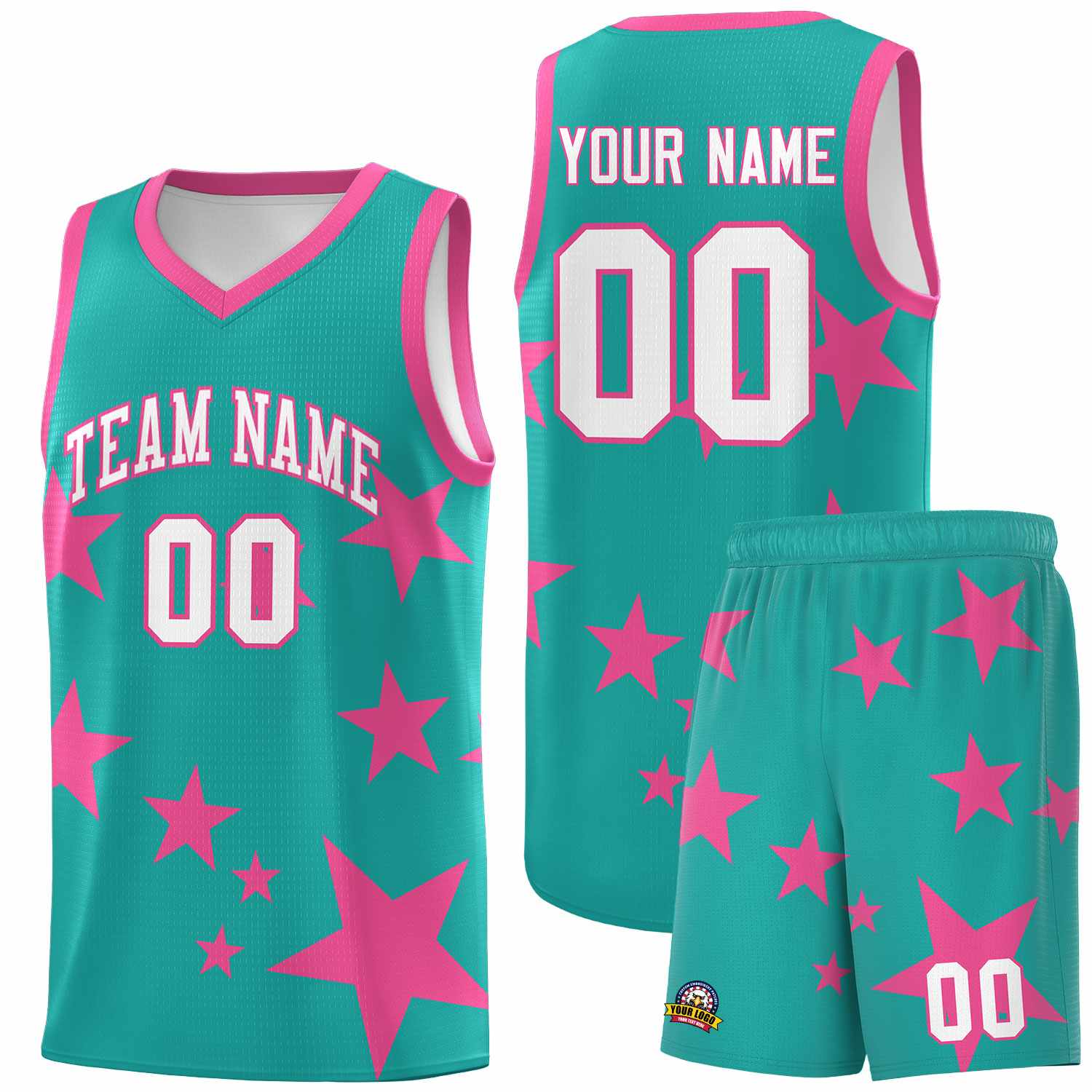 Custom Aqua Pink Graffiti Pattern Star Print Basketball Kits Sets