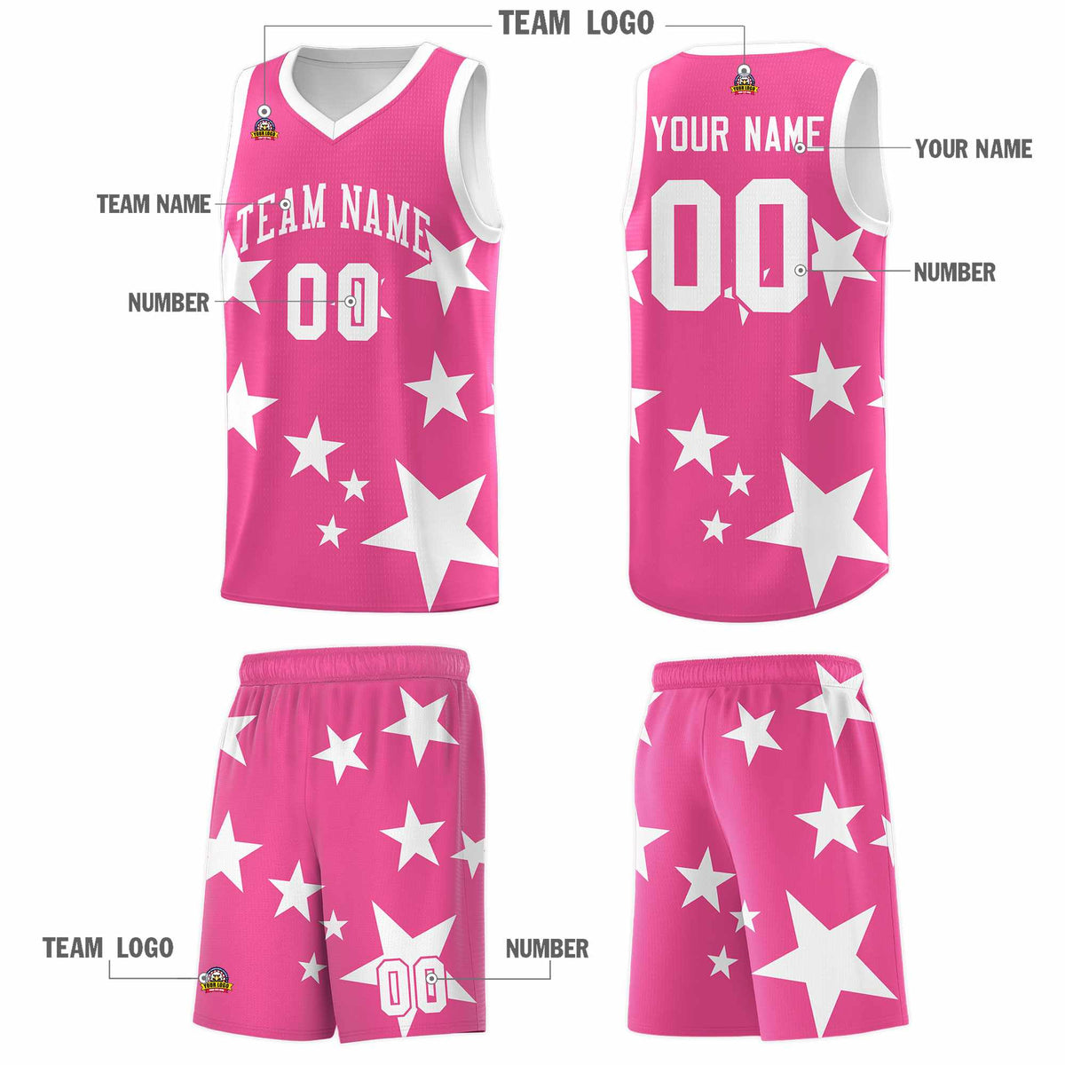 Custom Pink White Graffiti Pattern Star Print Basketball Kits Sets