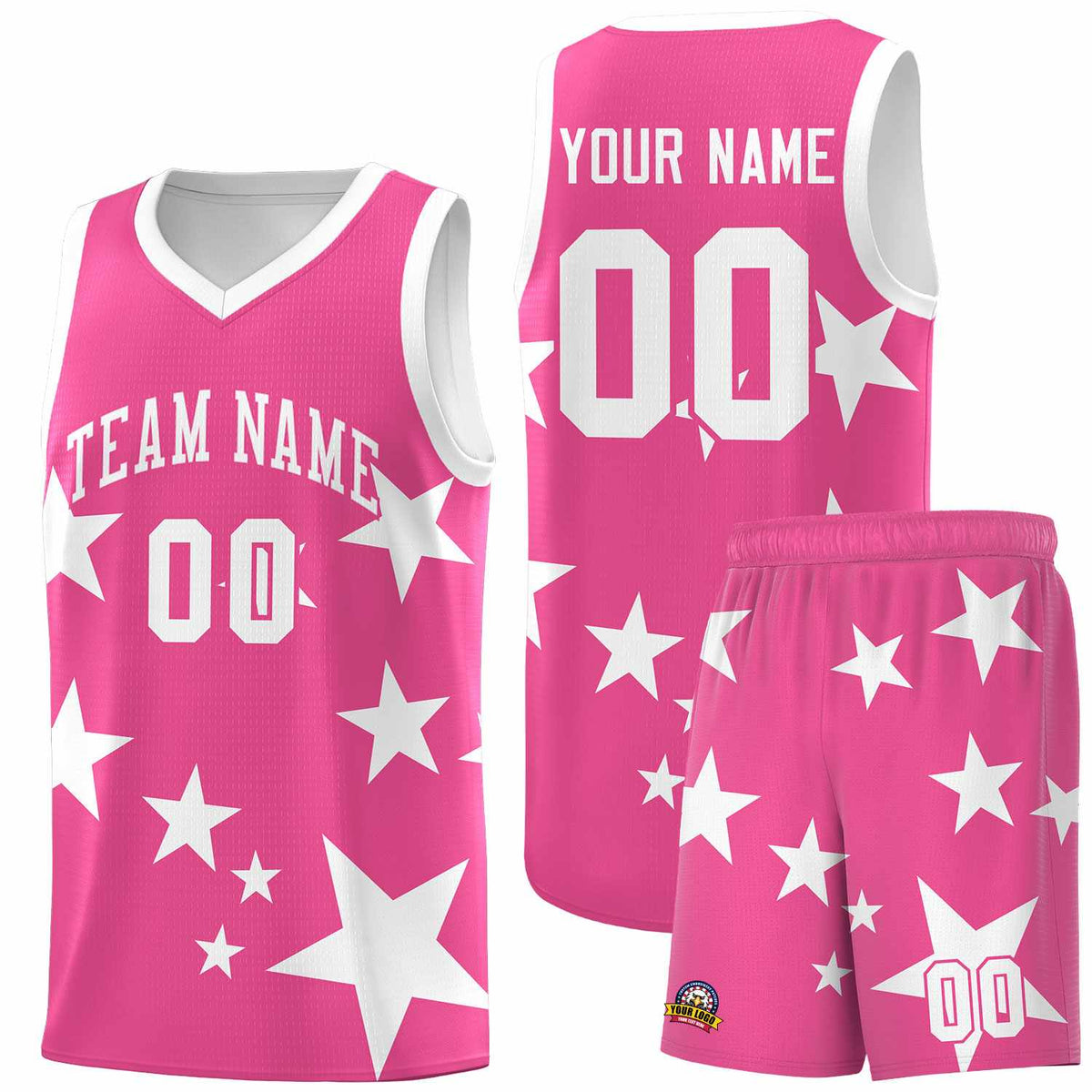 Custom Pink White Graffiti Pattern Star Print Basketball Kits Sets