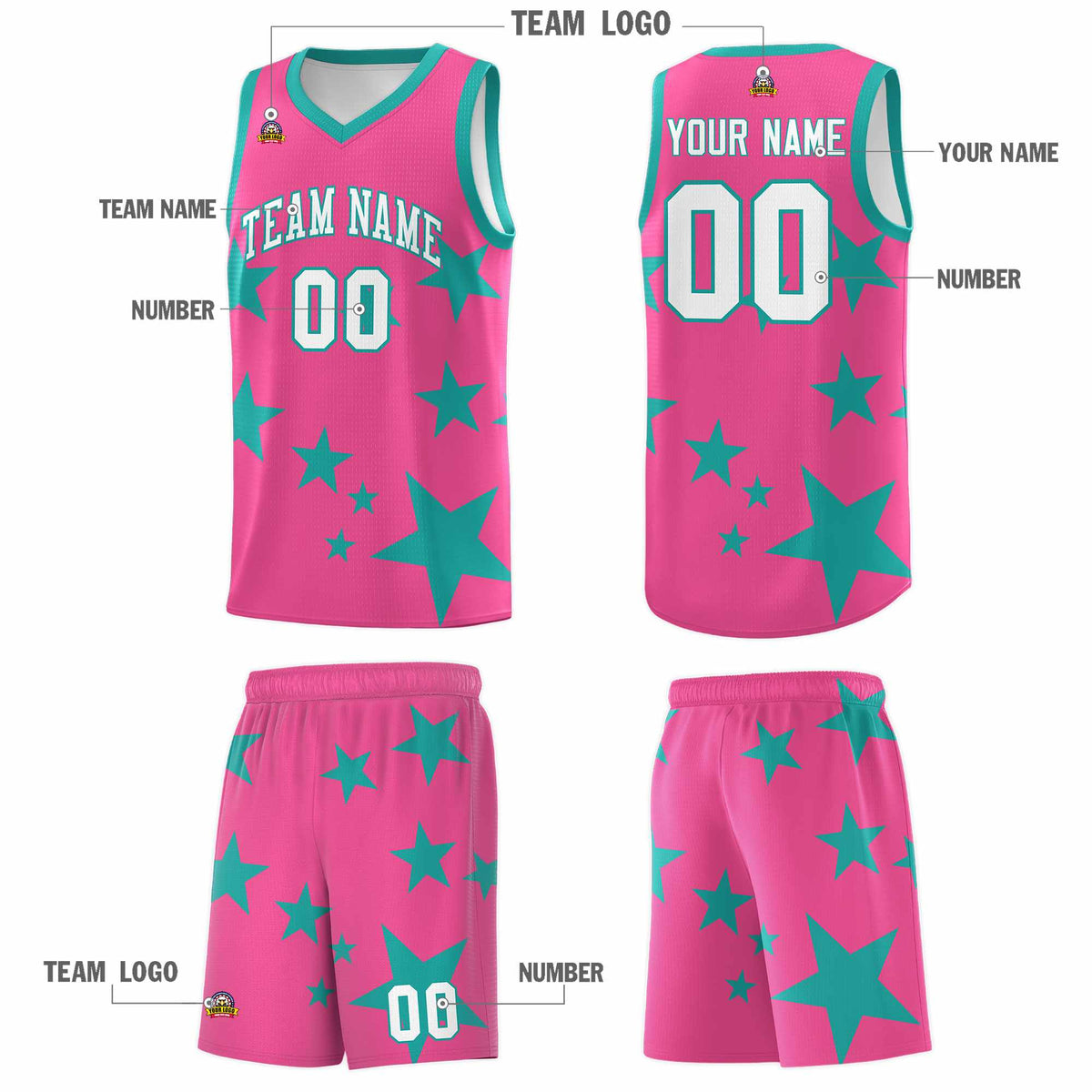 Custom Pink Aqua Graffiti Pattern Star Print Basketball Kits Sets