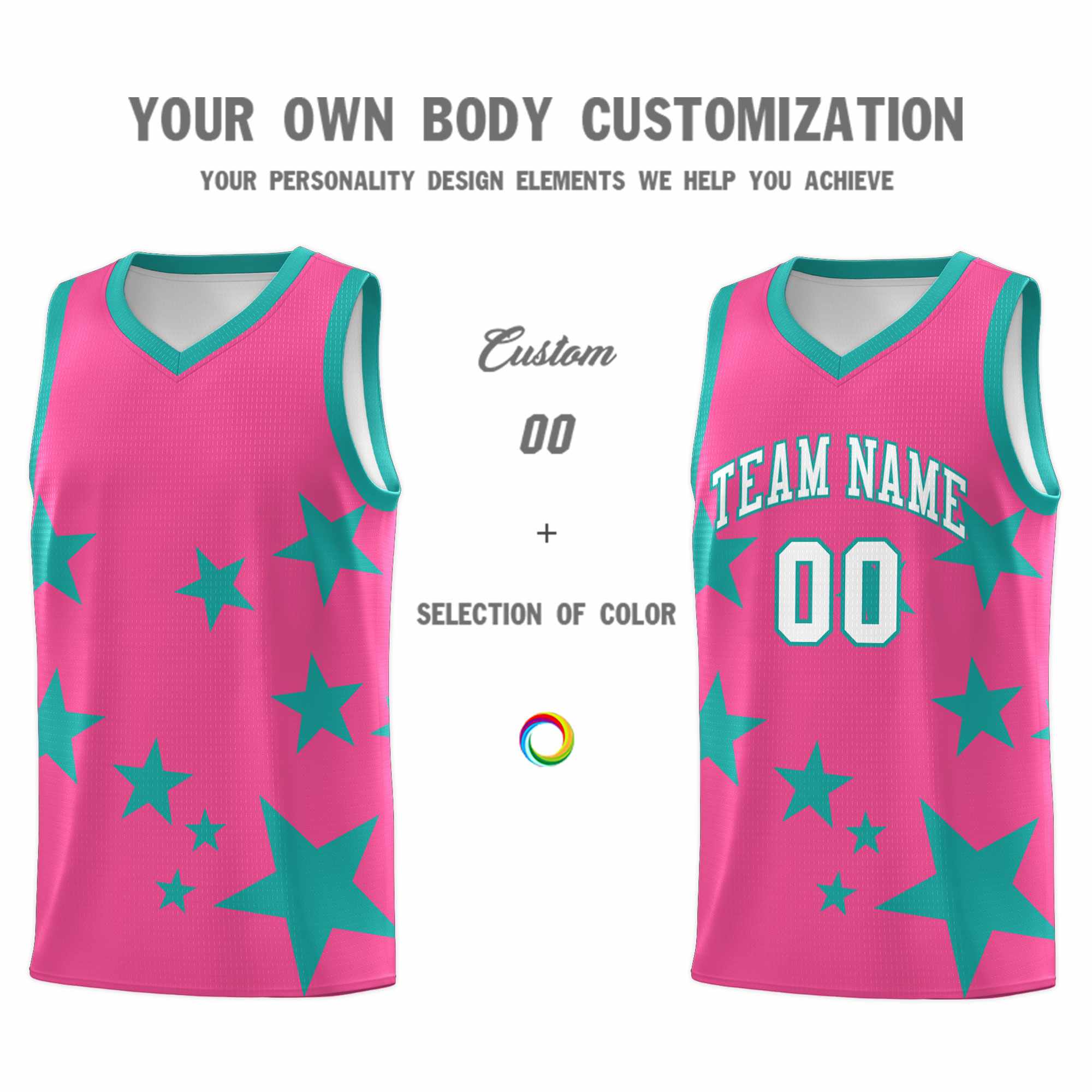 Custom Pink Aqua Graffiti Pattern Star Print Basketball Kits Sets