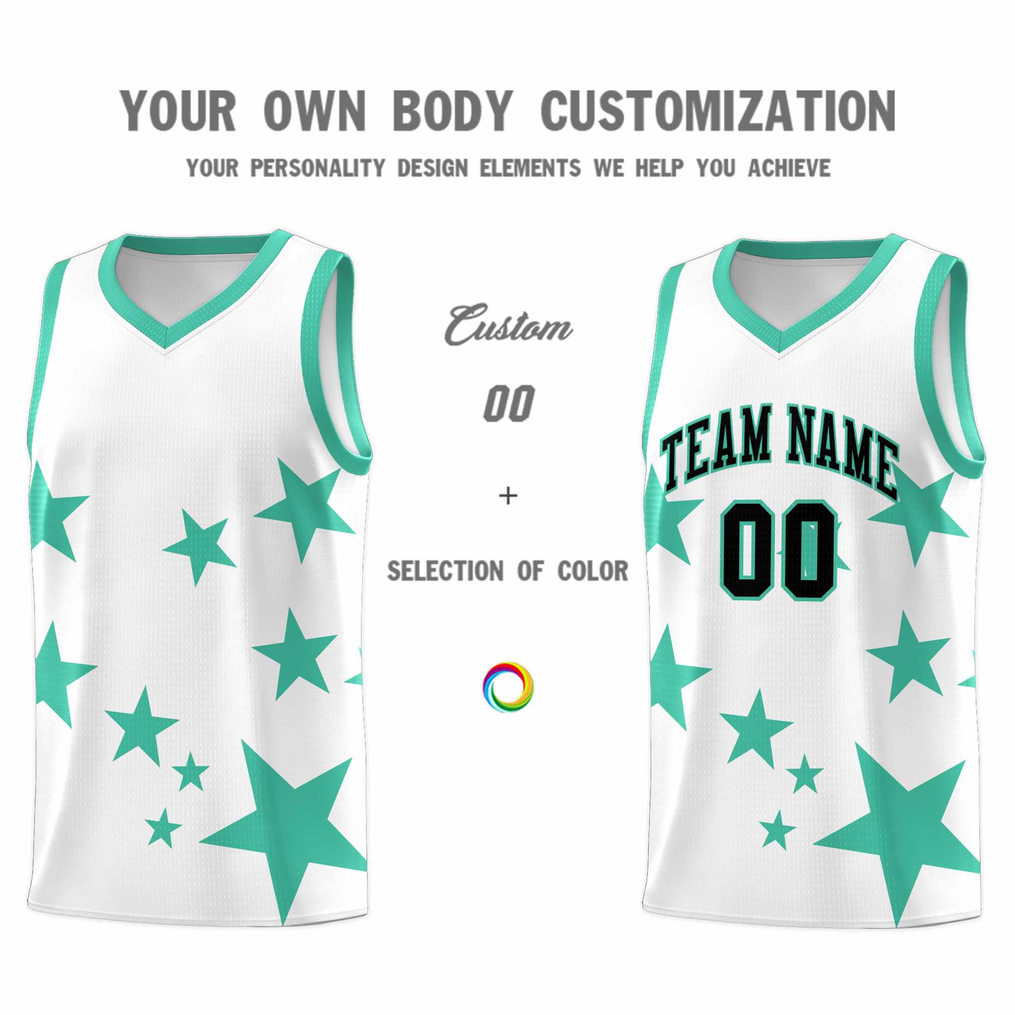 Custom White Bright Green Graffiti Pattern Star Print Basketball Kits Sets