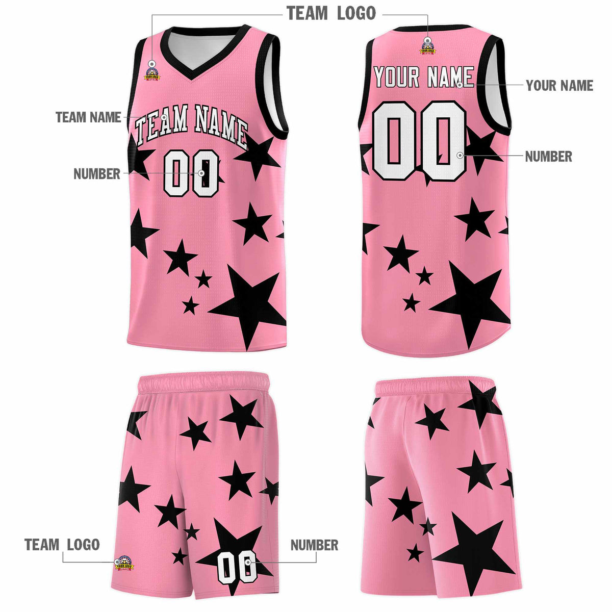 Custom Light Pink Black Graffiti Pattern Star Print Basketball Kits Sets