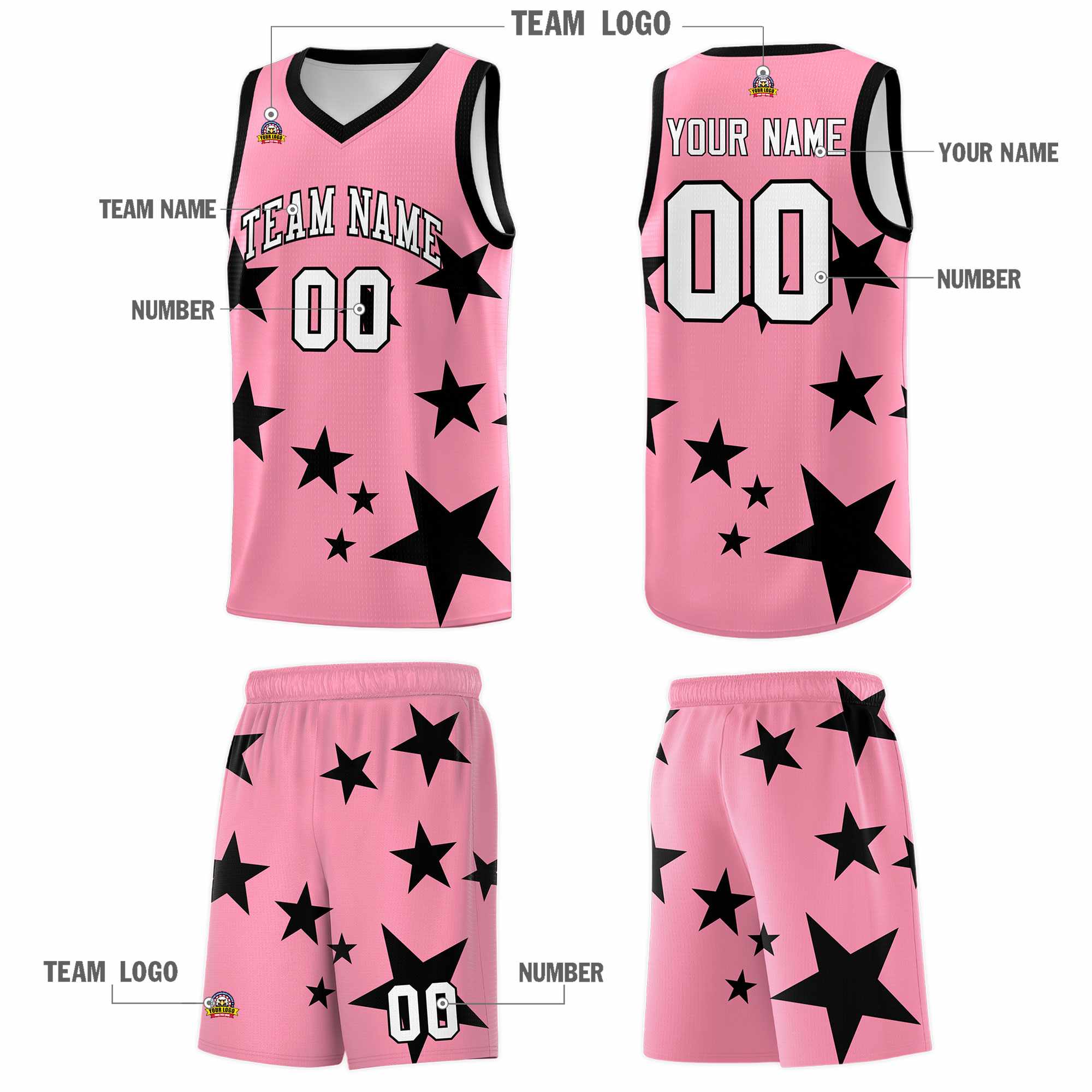Custom Light Pink Black Graffiti Pattern Star Print Basketball Kits Sets