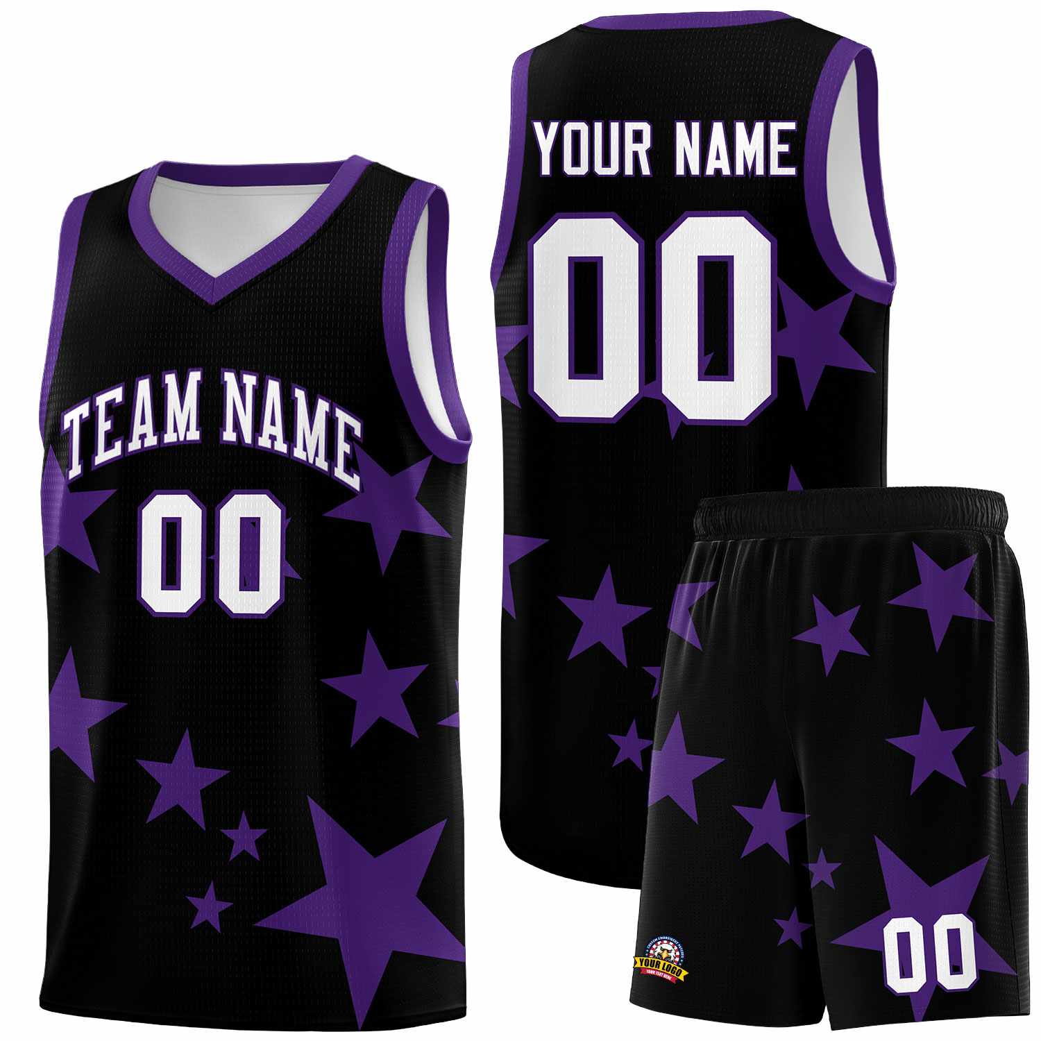 Custom Black Purple Graffiti Pattern Star Print Basketball Kits Sets